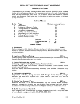 B Level Syllabus R4 290
BE7-R4: SOFTWARE TESTING AND QUALITY MANAGEMENT
Objective of the Course
This objective of the course is to make students aware about the importance of the software
testing during software development. The course covered to be in line with the development
tools and languages taught in this level. The course will prepare the student for software
testing and debugging. It will further laid the foundation for advanced courses in Software
quality assurances.
Outline of Course
S. No. Topic Minimum number of hours
1. Introduction 02
2. Importance of Software Testing 04
3. Testing Techniques and Strategy 10
4. Verification and Validation 06
5. Building Test Cases and Plans 20
6. Quality Assurance and Standards 10
7. Debugging Technique and Tools 04
8. External Source of Errors 04
Lectures = 60
Practical/tutorials = 60
Total = 120
Detailed Syllabus
1. Introduction 02 Hrs.
Software program and its objective, Software development techniques, top-down verses
bottom-up approach, modular and structures programming. A brief introduction about object
oriented approach.
2. Importance of Software Testing 04 Hrs.
Software testing and its importance, software development life cycle verses software testing
life cycle, Deliverables, version and error control
3. Testing Techniques and Strategy 10 Hrs.
Unit testing, Integration testing, System testing, Acceptance testing
White-Box testing: Flow Graph notation, Cyclomatic Complexity, Graph matrices, control
structure and loop testing.
Black-Box testing: Equivalence partitioning, Boundary Value Analysis, Orthogonal Array
testing.
4. Verification and Validation 06 Hrs.
Requirement verification, Coding standards, Walk through, Formal Inspection, Design
validation and verification, Function test, Design metrics, correctness proof and its
requirement.
5. Building Test Cases and Plans 20 Hrs.
Format of test cases, Du, dc and other data paths, Test data selection, branch coverage,
statement coverage, pre-condition and post-condition, Test schedule and check pointing,
suitable exercises for creating test cases for each type of techniques mentioned in para 3.
6. Quality Assurance and Standards 10Hrs.
Basic software quality parameters and its metrics, Software Configuration Change and types
of errors, Quality management models: ISO, SPICE, IEEE, CMM
 