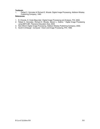 B Level Syllabus R4 301
Textbook:
1. Rafael C. Gonzalez  Richard E. Woods: Digital Image Processing, Addision-Wesley
Publishing Company, 1993
References:
1. B. Chanda, D. Dutta Majumder: Digital Image Processing and Analysis, PHI, 2000.
2. Rafael C. Gonzalez, Richard E. Woods, Steven L. Eddins: “ Digital Image Processing
using MATLAB”, Pearsons Education Asia, 2004
3. Nick Afford: Digital Image Processing, Addison-Wesley Publishing Company, 2000.
4. Scott E Umbaugh : Computer Vision and Image Processing, PHI, 1998.
 