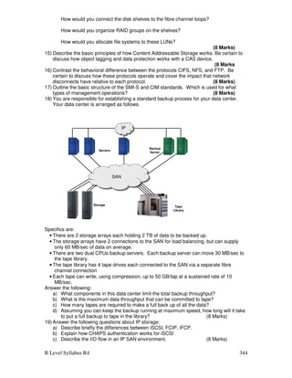 B Level Syllabus R4 344
How would you connect the disk shelves to the fibre channel loops?
How would you organize RAID groups on the shelves?
How would you allocate file systems to these LUNs?
(8 Marks)
15) Describe the basic principles of how Content Addressable Storage works. Be certain to
discuss how object tagging and data protection works with a CAS device.
(8 Marks
16) Contrast the behavioral difference between the protocols CIFS, NFS, and FTP. Be
certain to discuss how these protocols operate and cover the impact that network
disconnects have relative to each protocol. (8 Marks)
17) Outline the basic structure of the SMI-S and CIM standards. Which is used for what
types of management operations? (8 Marks)
18) You are responsible for establishing a standard backup process for your data center.
Your data center is arranged as follows.
Backup
Server
IP
IP
SAN
SAN
Servers
Tape
Library
Storage
Specifics are:
• There are 2 storage arrays each holding 2 TB of data to be backed up.
• The storage arrays have 2 connections to the SAN for load balancing, but can supply
only 60 MB/sec of data on average.
• There are two dual CPUs backup servers. Each backup server can move 30 MB/sec to
the tape library.
• The tape library has 4 tape drives each connected to the SAN via a separate fibre
channel connection
• Each tape can write, using compression, up to 50 GB/tap at a sustained rate of 10
MB/sec.
Answer the following:
a) What components in this data center limit the total backup throughput?
b) What is the maximum data throughput that can be committed to tape?
c) How many tapes are required to make a full back up of all the data?
d) Assuming you can keep the backup running at maximum speed, how long will it take
to put a full backup to tape in the library? (8 Marks)
19) Answer the following questions about IP storage:
a) Describe briefly the differences between iSCSI, FCIP, iFCP.
b) Explain how CHAPS authentication works for iSCSI
c) Describe the I/O flow in an IP SAN environment. (8 Marks)
 