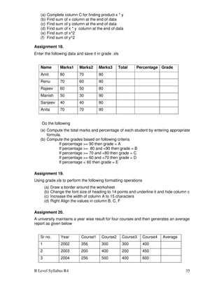 B Level Syllabus R4 35
(a) Complete column C for finding product x * y
(b) Find sum of x column at the end of data
(c) Find sum of y column at the end of data
(d) Find sum of x * y column at the end of data
(e) Find sum of x^2
(f) Find sum of y^2
Assignment 18.
Enter the following data and save it in grade .xls
Name Marks1 Marks2 Marks3 Total Percentage Grade
Amit 80 70 80
Renu 70 60 90
Rajeev 60 50 80
Manish 50 30 90
Sanjeev 40 40 80
Anita 70 70 90
Do the following
(a) Compute the total marks and percentage of each student by entering appropriate
formula.
(b) Compute the grades based on following criteria
If percentage >= 90 then grade = A
If percentage >= 80 and <90 then grade = B
If percentage >= 70 and <80 then grade = C
If percentage >= 60 and <70 then grade = D
If percentage < 60 then grade = E
Assignment 19.
Using grade.xls to perform the following formatting operations
(a) Draw a border around the worksheet
(b) Change the font size of heading to 14 points and underline it and hide column c
(c) Increase the width of column A to 15 characters
(d) Right Align the values in column B, C, F
Assignment 20.
A university maintains a year wise result for four courses and then generates an average
report as given below
Sr no. Year Course1 Course2 Course3 Course4 Average
1 2002 356 300 300 400
2 2003 200 400 200 450
3 2004 256 500 400 600
 