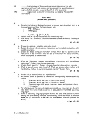 B Level Syllabus R4 73
4.9 ---------- is a technique of decomposing a sequential process into sub-
operations, with each sub-process being executed in a special dedicated
segment which operates concurrently with all other segments.
4.10 ---------- register acts as counter for repeating and looping the assembly
instructions.
PART TWO
(Answer ALL questions)
5.
a. Simplify the following Boolean functions by means sum-of-product form of a
three variable map. Draw the logic diagram with
i. AND – OR gates
ii. NAND gates
F(A, B,C ) = ∑ (0, 2, 4, 5, 6 )
b. Explain how JK Flip-flop can be realized from RS flip-flap?
c. How many 128 x 8 memory chips are needed to provide a memory capacity of
4096 x 16 ?
( 9 + 3 + 3 )
6.
a. Draw and explain a 4 bit adder-subtractor circuit.
b. Explain direct and indirect address instructions and immediate instructions with
suitable examples.
c. Explain the basic computer instruction format. When do you call the set of
instructions to be complete? Why are set of instructions for basic computer,
which is complete, is not efficient?
( 4 + 6 + 5 )
7.
a. What are differences between zero-address, one-address and two-address
instructions? Explain these through examples.
b. What is Booth algorithm? Explain it through flow chart along with an example.
c. What is asynchronous data transfer? What are strobe pulse method and
handshaking method of asynchronous data transfer? Explain them.
( 6 + 5 + 5 )
8.
a. What is virtual memory? How is it implemented?
b. An address space is specified by 24 bits and corresponding memory space by
16 bits.
i. How many words are there in the address space?
ii. How many words are there in the memory space?
iii. If page consists of 2k words, how many pages and blocks are there
in the system?
c. For what purpose the segment registers are used and how many are there In
Intel 8086? How are effective address is calculated in Intel 8086 assembly
language?
d. Write an assembly language program to find the least and greatest number
among the given twenty numbers (consecutively stored as words) at location
NUM and put the results at LEAST and GREATEST locations (defined as
words).
( 3 + 4 + 3 + 5 )
 