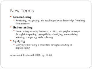 New Terms Remembering Retrieving, recognizing, and recalling relevant knowledge from long-term memory Understanding Constructing meaning from oral, written, and graphic messages through interpreting, exemplifying, classifying, summarizing, inferring, comparing, and explaining Applying Carrying out or using a procedure through executing or implementing Anderson & Krathwohl, 2001, pp. 67-68 