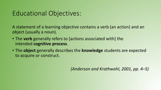 Educational Objectives:
A statement of a learning objective contains a verb (an action) and an
object (usually a noun).
• The verb generally refers to [actions associated with] the
intended cognitive process.
• The object generally describes the knowledge students are expected
to acquire or construct.
(Anderson and Krathwohl, 2001, pp. 4–5)
 