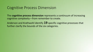 Cognitive Process Dimension
The cognitive process dimension represents a continuum of increasing
cognitive complexity—from remember to create.
Anderson and Krathwohl identify 19 specific cognitive processes that
further clarify the bounds of the six categories.
 