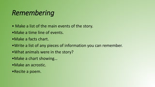 Remembering
• Make a list of the main events of the story.
•Make a time line of events.
•Make a facts chart.
•Write a list of any pieces of information you can remember.
•What animals were in the story?
•Make a chart showing…
•Make an acrostic.
•Recite a poem.
 
