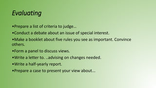 Evaluating
•Prepare a list of criteria to judge…
•Conduct a debate about an issue of special interest.
•Make a booklet about five rules you see as important. Convince
others.
•Form a panel to discuss views.
•Write a letter to. ..advising on changes needed.
•Write a half-yearly report.
•Prepare a case to present your view about...
 