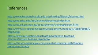 References:
http://www.kurwongbss.qld.edu.au/thinking/Bloom/blooms.html
http://coe.sdsu.edu/eet/articles/bloomrev/index.htm
http://rite.ed.qut.edu.au/oz-teachernet/training/bloom.html
http://www.llcc.edu/celt/FacultyDevelopment/Handouts/tabid/3938/D
efault.aspx
https://www.celt.iastate.edu/teaching/effective-teaching-
practices/revised-blooms-taxonomy/
https://thesecondprinciple.com/essential-teaching-skills/blooms-
taxonomy-revised/
 