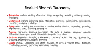 Revised Bloom’s Taxonomy
• Remember involves recalling information, listing, recognizing, describing, retrieving, naming,
finding etc.
• Understand refers to explaining ideas, interpreting, exemplify, summarizing, paraphrasing,
classifying, clarifying, predicting
• Apply refers to using the information in another similar situation, responding, providing,
implementing, using, executing, carrying out
• Analyze represents breaking information into parts to explore, compare, organize,
differentiate, interrogate, select, differentiate, integrate, deconstruct
• Evaluate engenders Justifying a decision or course of action, checking, hypothesizing,
critiquing, experimenting, judging, reflecting
• Create involves Generating new ideas, products, or ways of viewing things designing,
constructing, planning, producing, assembling, inventing
 