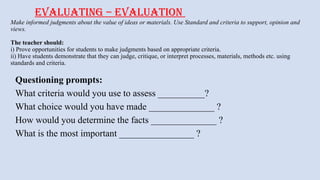 Evaluating – Evaluation
Make informed judgments about the value of ideas or materials. Use Standard and criteria to support, opinion and
views.
The teacher should:
i) Prove opportunities for students to make judgments based on appropriate criteria.
ii) Have students demonstrate that they can judge, critique, or interpret processes, materials, methods etc. using
standards and criteria.
Questioning prompts:
What criteria would you use to assess __________?
What choice would you have made ______________ ?
How would you determine the facts ______________ ?
What is the most important ________________ ?
 