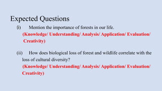 Expected Questions
(i) Mention the importance of forests in our life.
(Knowledge/ Understanding/ Analysis/ Application/ Evaluation/
Creativity)
(ii) How does biological loss of forest and wildlife correlate with the
loss of cultural diversity?
(Knowledge/ Understanding/ Analysis/ Application/ Evaluation/
Creativity)
 