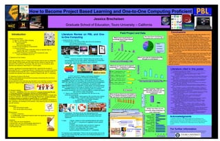 How to Become Project Based Learning and One-to-One Computing Proficient
                                                                                                                                               Jessica Brecheisen
                                                                                              Graduate School of Education, Touro University – California

                                                                                                                                                                                                                                        Field Project and Data                                                                                                                                Conclusions
     Introduction                                                                      Literature Review on PBL and One-                                                                                                                                                                                                                                                                         This project provided a digital guide to help other teachers in the
                                                                                                                                                                                                                                                                                                                 How many hours of professional                                           process of PBL and on- to-one computer integration. This
                                                                                       to-One Computing                                                                                                                    What is your current level of                                                        development have you had in PBL?                                          project, especially the first survey, revealed that development may vary
I. Background and Need                                                                                                                                                                                                    knowledge about Project Based                                                                                                                                   from teacher to teacher. Although a useful website or collection of the
       A. New 21st Century Skills emerging                                             I. Literature Review Overview                                                                                                                                                                                                                                                                      process of becoming PBL proficient was created, this was a starting point
                                                                                                                                                                                                                                    Learning?
       B. PBL model emerging                                                                A. First focused on the history of PBL and one to one computing.                                                                                                                                                                                                                              but not a solution for every problem that a teacher encounters when
                                                                                                       John Dewey-Constructivism                                                                                                         5                                                                                                     14%
             Buck Institute




                                                                                                                                                                                                          # of Teachers
                                                                                                                                                                                                                            5                                                                                                                                     None                    beginning the PBL and one-to-one computing journey. The researcher
             New Technology Models                                                                     Marzano-essential standards and PBL                                                                                                                                                               14%                                                                              hypothesized that they would encounter teachers that were afraid of the
       B. One To One Computing- Constructivism                                                                                                                                                                                                                                                                                                                    1-5 Hours
                                                                                                                                                                                                                                                                                                                                                      57%                                 change to PBL learning. This was true as the study revealed that some
       C. Previous Research                                                                                                                                                                                                         1                                                                                         15%                                 6-10 Hours              teachers were fearful and the workshops together did settle some of their
             Donovan and Green conducted a study on teachers fears in                                                                                                                                                                          0                   1                                                                                                                      fears. PBL proficiency may look different for everyone; specifically among
             regard to PBL and 1:1 computing                                                                                                                                                                                0                          0                                                                                                          More than 10
                                                                                                                                                                                                                                                                                                                                                                  Hours                   different content areas.
       D. Times are Changing but teachers aren’t necessarily ready                                                                                                                                                                                                                                                                                                                               As for world languages it became evident that becoming PBL and
             only 2 new teachers out of 116                                                                                                                                                                                                                                                                                                                                               one-to-one computing proficient will take different amounts of time. First
                                                                                          B. Then it focused on struggles that teachers encounter during the                                                                                                                                                                                                                              teachers need to explore PBL and technology together during
II. Statement of The Problem                                                                journey.                                                                                                                                                                       What is your plan for implementing PBL                                                                         collaboration time together. Second of all, teachers will brainstorm small
                                                                                                     1. Donovan and Green- Teacher fears and concerns. Also,                                                                                                                      this year or in the future?                                                                             projects on their own. Lastly, whole departments will work together
Times are changing in the 21st Century and Students need to learn to collaborate,           how technology is set up really matters. Specifically the combination                                                                                                                                                                                                                         collaboratively to create larger projecs. Overall the process of becoming
                                                                                            of using PBL , one to one computing an good classroom                                                       Current Level of Knowledge or PBL
think critically, communicate well with others and be creative to meet the new                                                                                                                                                                                                              6
                                                                                                                                                                                                                                                                                                                                                                                          PBL and one-to-one computing proficient will take time and will vary from
demands in the workforce. The answer: PBL and one to one computing allow                    management skills= success.                                                                                                                                                                                                                                                                   teacher to teacher.
                                                                                                                                                                                                                                                                                            5
teachers and students to meet these 21st Century goals.                                                                                                                                Where do you feel you are in regard to




                                                                                                                                                                                                                                                                            # of Teachers
                                                                                                                                                                                      integrating 1:1 computing or technology                                                               4

However, something is preventing teachers from beginning the process of
becoming PBL and 1:1 computing proficient. Therefore there is a need to document
                                                                                                                                                                                                into your classroom?                                                                        3
                                                                                                                                                                                                                                                                                                                                               2
                                                                                                                                                                                                                                                                                                                                                      3                                      Literature cited in this poster
                                                                                                                                                                                                                                                                                                                                                                                             ACOT: Changing the conversation about teaching, learning, and technology: A report on 10




                                                                                                                                                                      Stages of Integrating Techology
the process of becoming PBL and 1:1 computing proficient so that the mystery is                                                                                                                     Stage 4: Appropriation- You                                                                 2
                                                                                                                                                                                                                                                           1                                                                                                                                      years of ACOT research (Rep. No. 1). (1995).
unraveled and teachers know what to expect in regard to PBL and 1:1 computing.                                                                                                                     have created multiples files…                                                                                                                                                             ACOT 2 : Apple classrooms of tomorrow-today: Learning in the 21st century background
                                                                                                                                                                                                                                                                                                1                                                             1                                        information (Rep. No. 2). (2008). Retrieved from Apple Inc. website:
                                                                                                                                                                                                        Stage 3: Adaption- you have                                                                                                                                           1                        http://ali.apple.com/acot2/.
III. Objectives Purpose of the Study                                                               2. ACOT and ACOT2- stages of technology integration.                                                                                                    1                                                                                                                                 Donovan, L., & Green, T. (2010). One-to-one computing in teacher education: Faculty concerns
                                                                                                                                                                                                        tried it in a few classroom…                                                            0
                                                                                                                                                                                                                                                                                                                                                                                                  and implication for teacher educators. Journal of Digital Learning in Teacher Education,
Design a wiki/website that documents the process of becoming PBL and one to                       Entry Learn the basics of using the new technology.                                                                                                                                               Only if I have to                                                                             26(4), (140-148).
                                                                                            Adoption Use new technology to support traditional instruction.                                               Stage 2 : Adoption- you are                                                                                                                                                        Donovan, L., Green, T., & Hartley, K. (2010). An examination of one-to-one computing in the
one computing proficient.                                                                                                                                                                                                                                              3
                                                                                        Adaptation Integrate new technology into traditional classroom practice.                                        ready to take control and try…                                     I will include direct teaching but will ocassionally include student
                                                                                                                                                                                                                                                                                                I will have a few projects with essential elemnets of PBL                                         middle school: Does increased access bring about increased student engagement?
Survey teachers to find what they are interested in and what their concerns or fears                                                                                                                                                                                               How teachers planprojects I will only teach untis using PBL
                                                                                                                                                                                                                                                                                                 group work and to implement PBL                                                                  Journal Educational Computing Research, 42(4), (423-441).
might be in regard to beginning the PBL and one to one computing journey.              Here, they often focus on increased student productivity and engagement                                    Stage 1: Entry- Only if I have                                                                                                                                                             Engel, G., & Green, T. (2011, March/April). Cell phones in the classroom: Are we dialing up
                                                                                                                                                                                                                                                               2                                                                                                                                  disaster? TechTrends, 55(2), (39-45).
                                                                                              by using word processors, spreadsheets ,and graphics tools.                                         to will I use it and you are…                                                                                                                                                              Ertmer, P. A. (1999). Addressing first- and second-order barriers to change: Strategies for
                                                                                        Appropriation Focus on cooperative, project-based, and interdisciplinary                                                                                                                                                                                                                                  technology integration. Educational Technology, Research and Development, 47(4), (47-
                                                                                                                                                                                                                                                   0                                                                                                                                              61).
                                                                                       work—incorporating the technology as needed and as one of many tools.                                                                                               2                                                                                                                                 Ertmer, P. A., Glazewski, K. D., Jones, D., Ottenbreit-Leftwich, A., Goktas, Y., Collins, K., &
                                                                                            Invention Discover new uses for technology tools, for example,                                                                                                             4
                                                                                                                                                                                                                                                                                                6          After exploring a Web 2.0                                                              Kocaman, A. (2009). Facilitating technology-enhanced problem-based learning(PBL) in
                                                                                                                                                                                                                                                                                                                                                                                                  the middle school classroom: An examination of how and why teachers adapt. Journal of
IV. Research Method                                                                    developing spreadsheet macros for teaching algebra or designing projects                                                                              # of Teachers                                              website today, would you use the                                                          Interactive Learning and Research, 20(1), (35-54).
1.Approach – qualitative: follow the researcher’s process of becoming PBL and                              that combine multiple technologies                                                                                                                                                               one you explored in your                                                         Ertmer, P. A., & Ottenbreit-Leftwich, A. T. (2010). Teacher, technology change: How knowledge,
                                                                                                                                                                                                                                                                                                                                                                                                  confidence, beliefs and culture Intersect. Journal of Research on Technology in
1:1 computing proficient. Presented in the form of a wiki guidebook.                      C. Ways to avoid barriers and implement PBL and one to one                                                                                                                                                               classroom?                                                                     Education, 42(3), (255-284).
                                                                                                                                                                              What would you find to be most helpful to                                                                                 T
2. Sampling strategy- quantitative: surveys using survey monkey or Google docs.             computing successfully.                                                                                                                                                                                                                                                                          Ertmer, P. A., & Simons, K. D. (2006, Spring). Jumping the PBL implementation
                                                                                                                                                                              you on a website designed to support your                                                                                 e 6                                                                                           hurdle: Supporting the efforts of k-12 teachers. The Interdisciplinary
Survey of 7 teachers ( the whole world language department.) To focus the study                      1. Jason Ravitz- Online guide to PBL and thee buck institute
                                                                                                     2. Peggy Ertmer- 1st and 2nd order barriers to one to one                 PBL and one-to- one computing journey?                                                                                                                                                                                 Journal of Problem-based Learning, 1(1).
on relevant concerns or question in regard to PBL or 1:1 computing.                                                                                                                       6 6                                                                                                         # a 4                                                                                  Marzano, R. J. (2003). What works in schools: Translating research into action. Alexandria,
                                                                                                                   computing “ block busting strategies”.
                                                                                                                                                                                      8
                                                                                                                                                                                       6
                                                                                                                                                                                                   6 6 7 7                                                                                                                                                                                        Viriginia USA: Association for Supervision and Curriculum Development.
3. Timeframe-1st half of the school year, 3 workshops with teachers; introduction to                                                                                                                               6                                                                                    c




                                                                                                                                                                     # of Teachers
                                                                                                            i. Hurdles to implementing PBL                                             4        3                                                                                                          2                                                                                 Ravitz, J., Mergendoller, J.,& Beryl Buck Inst. for Education, N.A. ( 2002). Teaching with
PBL, exploration and feedback of the website, a day exploring Web 2.0 websites to                                                                                                                                               2                                                                     o h                                                                                         Technology: A Statewide Professional Development Program. Evaluation Report.
                                                                                                            ii. Case study of five teachers using PBL                                                                           0                                                                                                                                                                 Retrieved from EBSCOhost.
use with students.                                                                                                                                                                                                                                                                                    f e 0                                                                                  Ravitz, J., Mergendoller, J., Markham, T., Thorsen, C., Rice, K., Snelson, C., & ... Beryl
                                                                                                                                                                                                                                                                                                                                                                                                       Buck        Inst. for Education, N. A. (2004). Online Professional Development for
                                                                                                                                                                                                                                                                                                        r         Yes                                                                                  Project Based          Learning: Pathways to Systematic Improvement. Beryl Buck
Triangulation                                                                                                                                                                                                                                                                                           s                   No                                                                         Institute for Education. Retrieved from EBSCOhost.
      - Build off landmark studies                                                                                                                                                                                                                                                                                                                                                           Ravitz, J. (2010). Beyond changing culture in small high schools: Reform models and changing

      - Use survey data to focus study,                                                                                                                                                                                                                                                                                                          All the ways that you are                        instruction with project-based learning. Peabody Journal of Education, 85, (290-312).
                                                                                                                                                                                                                                                                                                                                                                                             Schmoker, M., & Marzano, R. J. (1999). Realizing the Promise of Standards-Based Education.
                                                                                                                                                                                                                 What teachers would like to see included in the                                                                               currently using technology in                      Educational Leadership, 56(6), 17. Retrieved from EBSCOhost.
                                                                                                                                                                                                                                  website…                                                                                                                                                   Schuck, S., Aubusson, P., & Kearney, M. (2010). Web 2.0 in the classroom? Dilemmas and
Ethical Issues                                                                                                                                                                                                                                                                                                                                        your classroom?                             opportunities inherent in adolescent web 2.0 engagement. Contemporary Issues in
                                                                                          D. Implications- This study will not only help teachers at the                                                                                                                                                                                                                                          Technology and Teacher Education, 10(2), (234-246).
   1. Privacy- of teachers.                                                                                                                                                                                                                                                                                                                              Other            3
                                                                                            researchers site but help teachers all over the nation and world




                                                                                                                                                                                                                                                                                                          Ways teachers are using technology
   2. Confidentiality- of participant teachers within the department using survey           trying to implement PBL and one to one computing in their own                                                                                                                                                                                       LadyBug/ Elmo…                        7
   monkey or Google docs                                                                    classrooms.                                                                                                                                                                                                                                           Smartboard-…        2
                                                                                                                                                                                                                                                                                                                                                                                            Acknowledgments
                                                                                                                                                                                                                                                                                                                                                       You tube                             I would like to thank the world language department for participating in the
                                                                                                                                                                                                                                                                                                                                                                                      7
Limitations                                                                                                                                                                                                                                                                                                                                                                                 workshops and giving their input. Pamela Redmond and Susan Craig for all their
                                                                                       II. Gaps:    1.Ravitz- created an online website/guidebook with advice                                                                                                                                                                                    Social media-…           3                 support during the writing process of this paper. As well as my Napa cohort members
1. Time- study will not be longitudinal.                                                            for PBL and 1:1 computing but suggested content specific                                                                                                                                                                                    Have a website…   1                         for support and ideas. I would also like to thank Napa Learns for supporting my
2. Sample Size- only the world language department of                                               examples                                                                                                                                                                                                                                     EDMODO- To…          2                     research.
7 people, however reflective of the whole school                                                    2. Ertmer- More studies need to be done in regard to                                                                                                                                                                                                 Power…                   6
3. Self Reported Data                                                                               teachers in the beginning stages of the process.                                                                                                                                                                                             LCD Projector                        7
                                                                                                    3. ACOT2- more testimonies and content                                                                                                                                                                                                          DVD/ VHS                          7
                                                                                                    specific examples of the process of 1:1 computing.                                                                                                                                                                                         Take attendance                        7
                                                                                                                                                                                                                                                                                                                                                                                            For further information
                                                                                                                                                                                                                                                                                                                                                To check email                              Please contact jessica.bloom@.edu. More information on this and related projects
                                                                                                                                                                                                                                                                                                                                                                                      7
                                                                                                                                                                                                                                                                                                                                                                                            can be obtained at http://jbrecheisen.pbworks.com/w/page/46264918/FrontPage
                                                                                       III. Importance and Justifications: There is not enough studies done on the
                                                                                       early process of becoming PBL and one to one computing proficient, or in                                                                                                                                                                                               0    2    4    6        8
                                                                                       specific content areas.                                                                                                                                                                                                                                                    # of Teachers
 