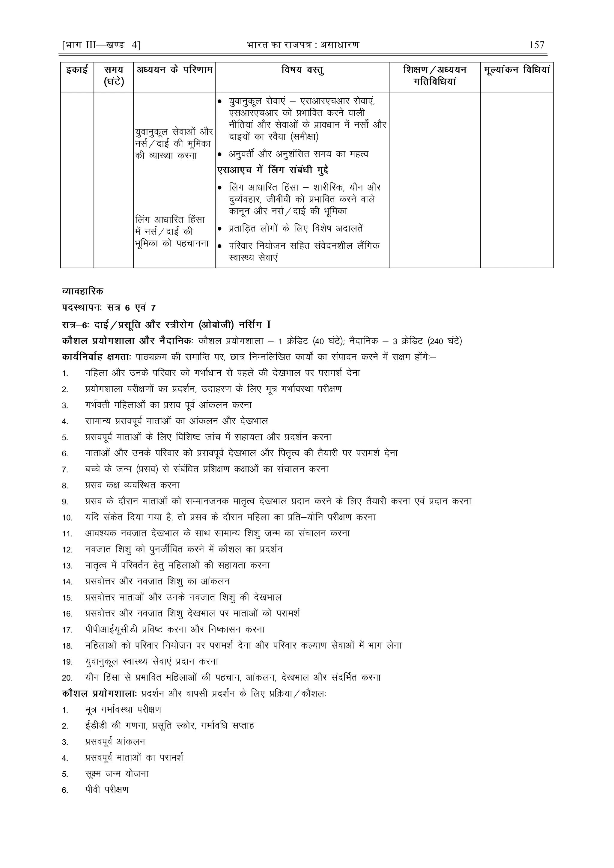 [भाग III—खण्ड 4] भारत का रािपत्र : असाधारण 157
;qokuqdwy lsokvksa vkSj
ulZ@nkbZ dh Hkwfedk
dh O;k[;k djuk
fyax vkèkkfjr Çglk
esa ulZ@nkbZ dh
Hkwfedk dks igpkuuk
 ;qokuqdwy lsok,a & ,lvkj,pvkj lsok,a]
,lvkj,pvkj dks çHkkfor djus okyh
uhfr;ka vkSj lsokvksa ds çkoèkku esa ulks± vkSj
nkb;ksa dk joS;k ¼leh{kk½
 vuqorÊ vkSj vuq'kaflr le; dk egRo
 Çyx vkèkkfjr Çglk & 'kkjhfjd] ;kSu vkSj
nqO;Zogkj] thchoh dks çHkkfor djus okys
dkuwu vkSj ulZ@nkÃ dh Hkwfedk
 çrkfM+r yksxksa ds fy, fo'ks"k vnkyrsa
 ifjokj fu;kstu lfgr laosnu'khy ySafxd
LokLF; lsok,a
I
dkS'ky ç;ksx'kkyk & 1 ØsfMV ¼40 ?kaVs½( uSnkfud & 3 ØsfMV ¼240 ?kaVs½
ikBîØe dh lekfIr ij] Nk= fuEufyf[kr dk;ks± dk laiknu djus esa l{ke gksaxs%&
1- efgyk vkSj muds ifjokj dks xHkkZèkku ls igys dh ns[kHkky ij ijke'kZ nsuk
2- ç;ksx'kkyk ijh{k.kksa dk çn'kZu] mnkgj.k ds fy, ew= xHkkZoLFkk ijh{k.k
3- xHkZorh efgykvksa dk çlo iwoZ vkadyu djuk
4- lkekU; çloiwoZ ekrkvksa dk vkadyu vkSj ns[kHkky
5- çloiwoZ ekrkvksa ds fy, fof'k"V tkap esa lgk;rk vkSj çn'kZu djuk
6- ekrkvksa vkSj muds ifjokj dks çloiwoZ ns[kHkky vkSj fir`Ro dh rS;kjh ij ijke'kZ nsuk
7- cPps ds tUe ¼çlo½ ls lacafèkr çf'k{k.k d{kkvksa dk lapkyu djuk
8- çlo d{k O;ofLFkr djuk
9- çlo ds nkSjku ekrkvksa dks lEekutud ekr`Ro ns[kHkky çnku djus ds fy, rS;kjh djuk ,oa çnku djuk
10- ;fn ladsr fn;k x;k gS] rks çlo ds nkSjku efgyk dk çfr&;ksfu ijh{k.k djuk
11- vko';d uotkr ns[kHkky ds lkFk lkekU; f'k'kq tUe dk lapkyu djuk
12- uotkr f'k'kq dks iqutÊfor djus esa dkS'ky dk çn'kZu
13- ekr`Ro esa ifjorZu gsrq efgykvksa dh lgk;rk djuk
14- çloksÙkj vkSj uotkr f'k'kq dk vkadyu
15- çloksÙkj ekrkvksa vkSj muds uotkr f'k'kq dh ns[kHkky
16- çloksÙkj vkSj uotkr f'k'kq ns[kHkky ij ekrkvksa dks ijke'kZ
17- ihihvkbZ;wlhMh çfo"V djuk vkSj fu"dklu djuk
18- efgykvksa dks ifjokj fu;kstu ij ijke'kZ nsuk vkSj ifjokj dY;k.k lsokvksa esa Hkkx ysuk
19- ;qokuqdwy LokLF; lsok,a çnku djuk
20- ;kSu Çglk ls çHkkfor efgykvksa dh igpku] vkadyu] ns[kHkky vkSj lanfHkZr djuk
çn'kZu vkSj okilh çn'kZu ds fy, çfØ;k@dkS'ky%
1- ew= xHkkZoLFkk ijh{k.k
2- ÃMhMh dh x.kuk] çlwfr Ldksj] xHkkZofèk lIrkg
3- çloiwoZ vkadyu
4- çloiwoZ ekrkvksa dk ijke'kZ
5- lw{e tUe ;kstuk
6- ihoh ijh{k.k
 