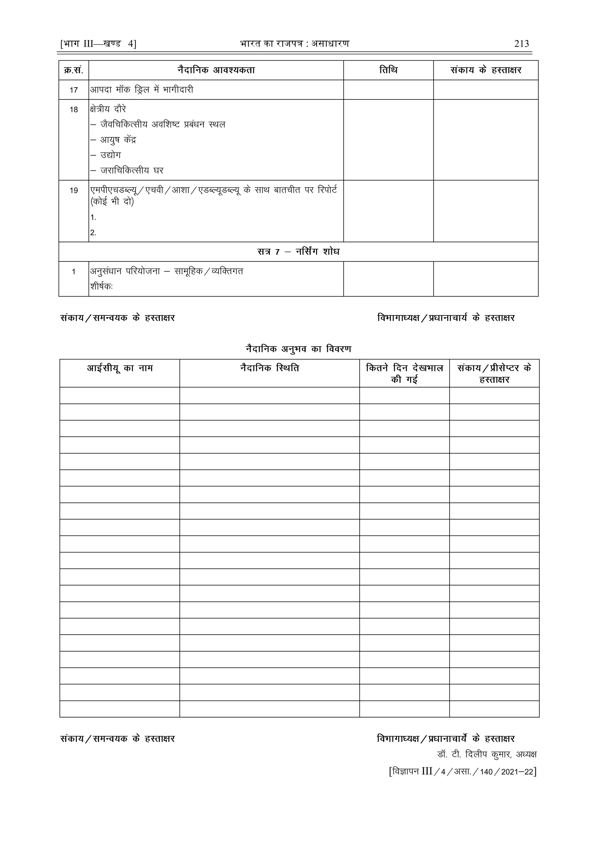 [भाग III—खण्ड 4] भारत का रािपत्र : असाधारण 213
17 vkink ed fMªy esa Hkkxhnkjh
18 {ks=h; nkSjs
& tSofpfdRlh; vof'k"V çcaèku LFky
& vk;q"k dsaæ
& m|ksx
& tjkfpfdRlh; ?kj
19 ,eih,pMCY;w@,poh@vk'kk@,MCY;wMCY;w ds lkFk ckrphr ij fjiksVZ
¼dksbZ Hkh nks½
1-
2-
1 vuqlaèkku ifj;kstuk & lkewfgd@O;fDrxr
'kh"kZd%
MkW- Vh- fnyhi dqekj] vè;{k
[foKkiu III@4@vlk-@140@2021&22]
 