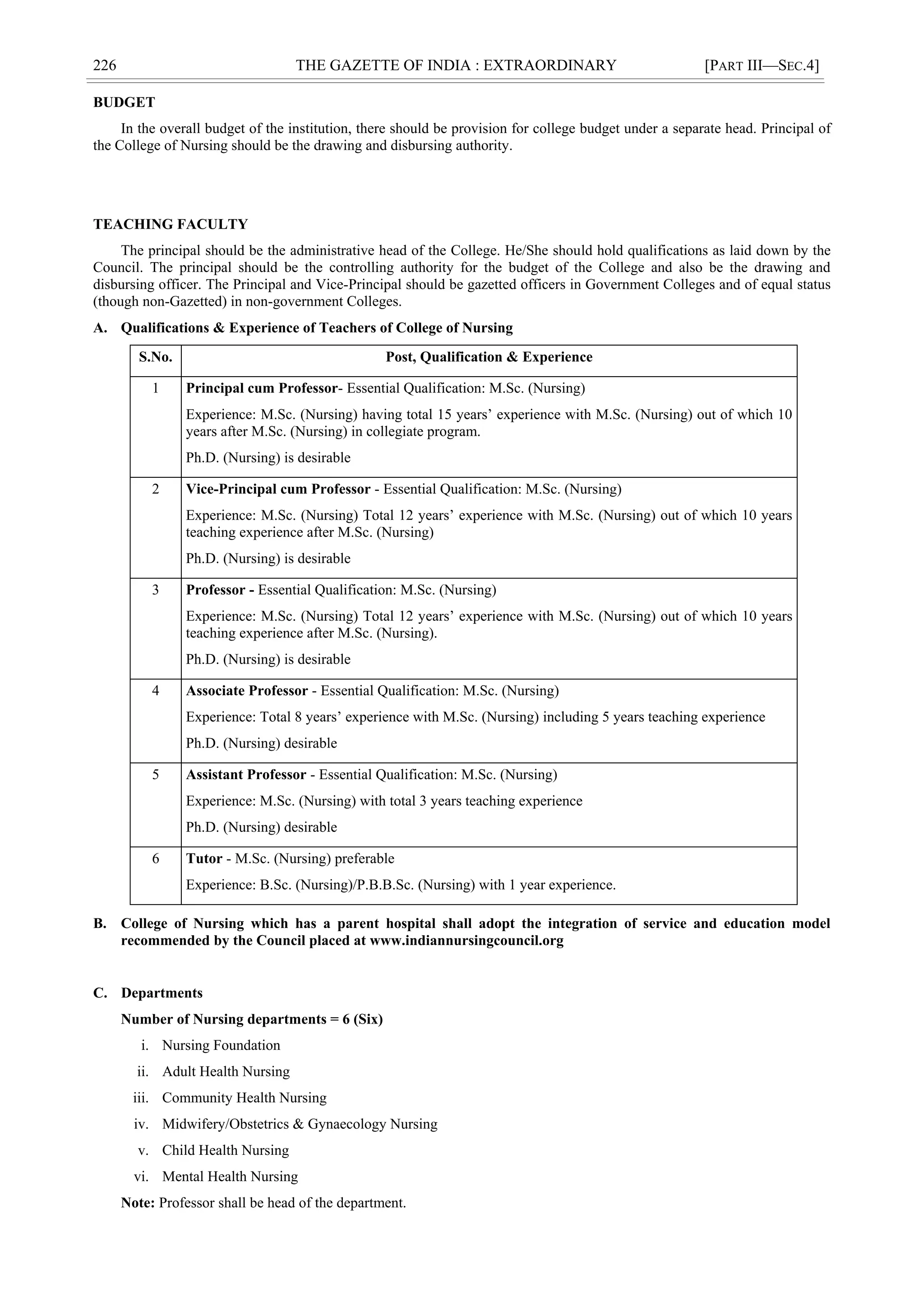 226 THE GAZETTE OF INDIA : EXTRAORDINARY [PART III—SEC.4]
BUDGET
In the overall budget of the institution, there should be provision for college budget under a separate head. Principal of
the College of Nursing should be the drawing and disbursing authority.
TEACHING FACULTY
The principal should be the administrative head of the College. He/She should hold qualifications as laid down by the
Council. The principal should be the controlling authority for the budget of the College and also be the drawing and
disbursing officer. The Principal and Vice-Principal should be gazetted officers in Government Colleges and of equal status
(though non-Gazetted) in non-government Colleges.
A. Qualifications & Experience of Teachers of College of Nursing
S.No. Post, Qualification & Experience
1 Principal cum Professor- Essential Qualification: M.Sc. (Nursing)
Experience: M.Sc. (Nursing) having total 15 years‘ experience with M.Sc. (Nursing) out of which 10
years after M.Sc. (Nursing) in collegiate program.
Ph.D. (Nursing) is desirable
2 Vice-Principal cum Professor - Essential Qualification: M.Sc. (Nursing)
Experience: M.Sc. (Nursing) Total 12 years‘ experience with M.Sc. (Nursing) out of which 10 years
teaching experience after M.Sc. (Nursing)
Ph.D. (Nursing) is desirable
3 Professor - Essential Qualification: M.Sc. (Nursing)
Experience: M.Sc. (Nursing) Total 12 years‘ experience with M.Sc. (Nursing) out of which 10 years
teaching experience after M.Sc. (Nursing).
Ph.D. (Nursing) is desirable
4 Associate Professor - Essential Qualification: M.Sc. (Nursing)
Experience: Total 8 years‘ experience with M.Sc. (Nursing) including 5 years teaching experience
Ph.D. (Nursing) desirable
5 Assistant Professor - Essential Qualification: M.Sc. (Nursing)
Experience: M.Sc. (Nursing) with total 3 years teaching experience
Ph.D. (Nursing) desirable
6 Tutor - M.Sc. (Nursing) preferable
Experience: B.Sc. (Nursing)/P.B.B.Sc. (Nursing) with 1 year experience.
B. College of Nursing which has a parent hospital shall adopt the integration of service and education model
recommended by the Council placed at www.indiannursingcouncil.org
C. Departments
Number of Nursing departments = 6 (Six)
i. Nursing Foundation
ii. Adult Health Nursing
iii. Community Health Nursing
iv. Midwifery/Obstetrics & Gynaecology Nursing
v. Child Health Nursing
vi. Mental Health Nursing
Note: Professor shall be head of the department.
 