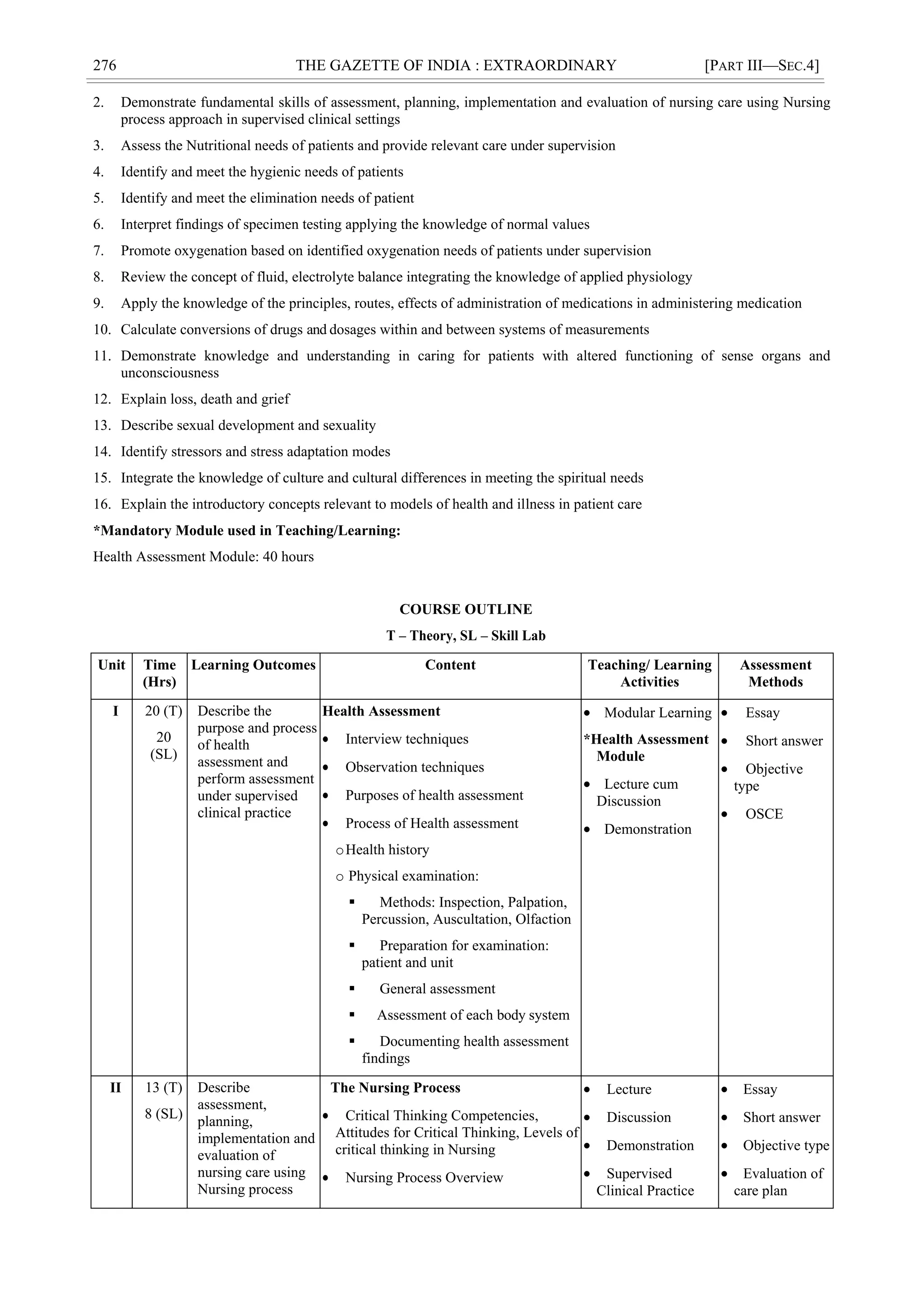 276 THE GAZETTE OF INDIA : EXTRAORDINARY [PART III—SEC.4]
2. Demonstrate fundamental skills of assessment, planning, implementation and evaluation of nursing care using Nursing
process approach in supervised clinical settings
3. Assess the Nutritional needs of patients and provide relevant care under supervision
4. Identify and meet the hygienic needs of patients
5. Identify and meet the elimination needs of patient
6. Interpret findings of specimen testing applying the knowledge of normal values
7. Promote oxygenation based on identified oxygenation needs of patients under supervision
8. Review the concept of fluid, electrolyte balance integrating the knowledge of applied physiology
9. Apply the knowledge of the principles, routes, effects of administration of medications in administering medication
10. Calculate conversions of drugs and dosages within and between systems of measurements
11. Demonstrate knowledge and understanding in caring for patients with altered functioning of sense organs and
unconsciousness
12. Explain loss, death and grief
13. Describe sexual development and sexuality
14. Identify stressors and stress adaptation modes
15. Integrate the knowledge of culture and cultural differences in meeting the spiritual needs
16. Explain the introductory concepts relevant to models of health and illness in patient care
*Mandatory Module used in Teaching/Learning:
Health Assessment Module: 40 hours
COURSE OUTLINE
T – Theory, SL – Skill Lab
Unit Time
(Hrs)
Learning Outcomes Content Teaching/ Learning
Activities
Assessment
Methods
I 20 (T)
20
(SL)
Describe the
purpose and process
of health
assessment and
perform assessment
under supervised
clinical practice
Health Assessment
 Interview techniques
 Observation techniques
 Purposes of health assessment
 Process of Health assessment
oHealth history
o Physical examination:
 Methods: Inspection, Palpation,
Percussion, Auscultation, Olfaction
 Preparation for examination:
patient and unit
 General assessment
 Assessment of each body system
 Documenting health assessment
findings
 Modular Learning
*Health Assessment
Module
 Lecture cum
Discussion
 Demonstration
 Essay
 Short answer
 Objective
type
 OSCE
II 13 (T)
8 (SL)
Describe
assessment,
planning,
implementation and
evaluation of
nursing care using
Nursing process
The Nursing Process
 Critical Thinking Competencies,
Attitudes for Critical Thinking, Levels of
critical thinking in Nursing
 Nursing Process Overview
 Lecture
 Discussion
 Demonstration
 Supervised
Clinical Practice
 Essay
 Short answer
 Objective type
 Evaluation of
care plan
 