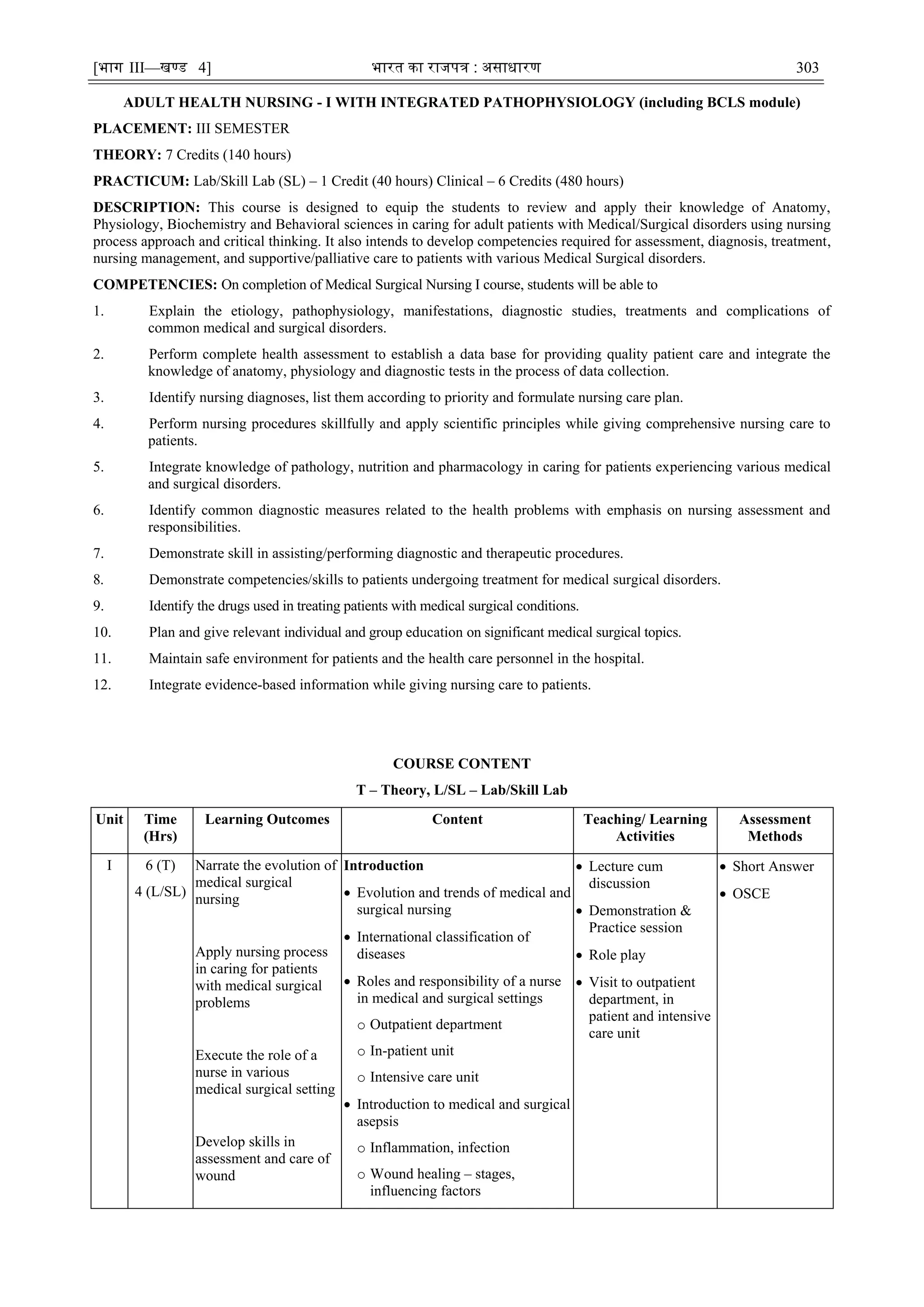 [भाग III—खण्‍
ड 4] भारत‍का‍राजपत्र‍:‍असाधारण 303
ADULT HEALTH NURSING - I WITH INTEGRATED PATHOPHYSIOLOGY (including BCLS module)
PLACEMENT: III SEMESTER
THEORY: 7 Credits (140 hours)
PRACTICUM: Lab/Skill Lab (SL) – 1 Credit (40 hours) Clinical – 6 Credits (480 hours)
DESCRIPTION: This course is designed to equip the students to review and apply their knowledge of Anatomy,
Physiology, Biochemistry and Behavioral sciences in caring for adult patients with Medical/Surgical disorders using nursing
process approach and critical thinking. It also intends to develop competencies required for assessment, diagnosis, treatment,
nursing management, and supportive/palliative care to patients with various Medical Surgical disorders.
COMPETENCIES: On completion of Medical Surgical Nursing I course, students will be able to
1. Explain the etiology, pathophysiology, manifestations, diagnostic studies, treatments and complications of
common medical and surgical disorders.
2. Perform complete health assessment to establish a data base for providing quality patient care and integrate the
knowledge of anatomy, physiology and diagnostic tests in the process of data collection.
3. Identify nursing diagnoses, list them according to priority and formulate nursing care plan.
4. Perform nursing procedures skillfully and apply scientific principles while giving comprehensive nursing care to
patients.
5. Integrate knowledge of pathology, nutrition and pharmacology in caring for patients experiencing various medical
and surgical disorders.
6. Identify common diagnostic measures related to the health problems with emphasis on nursing assessment and
responsibilities.
7. Demonstrate skill in assisting/performing diagnostic and therapeutic procedures.
8. Demonstrate competencies/skills to patients undergoing treatment for medical surgical disorders.
9. Identify the drugs used in treating patients with medical surgical conditions.
10. Plan and give relevant individual and group education on significant medical surgical topics.
11. Maintain safe environment for patients and the health care personnel in the hospital.
12. Integrate evidence-based information while giving nursing care to patients.
COURSE CONTENT
T – Theory, L/SL – Lab/Skill Lab
Unit Time
(Hrs)
Learning Outcomes Content Teaching/ Learning
Activities
Assessment
Methods
I 6 (T)
4 (L/SL)
Narrate the evolution of
medical surgical
nursing
Apply nursing process
in caring for patients
with medical surgical
problems
Execute the role of a
nurse in various
medical surgical setting
Develop skills in
assessment and care of
wound
Introduction
 Evolution and trends of medical and
surgical nursing
 International classification of
diseases
 Roles and responsibility of a nurse
in medical and surgical settings
o Outpatient department
o In-patient unit
o Intensive care unit
 Introduction to medical and surgical
asepsis
o Inflammation, infection
o Wound healing – stages,
influencing factors
 Lecture cum
discussion
 Demonstration &
Practice session
 Role play
 Visit to outpatient
department, in
patient and intensive
care unit
 Short Answer
 OSCE
 