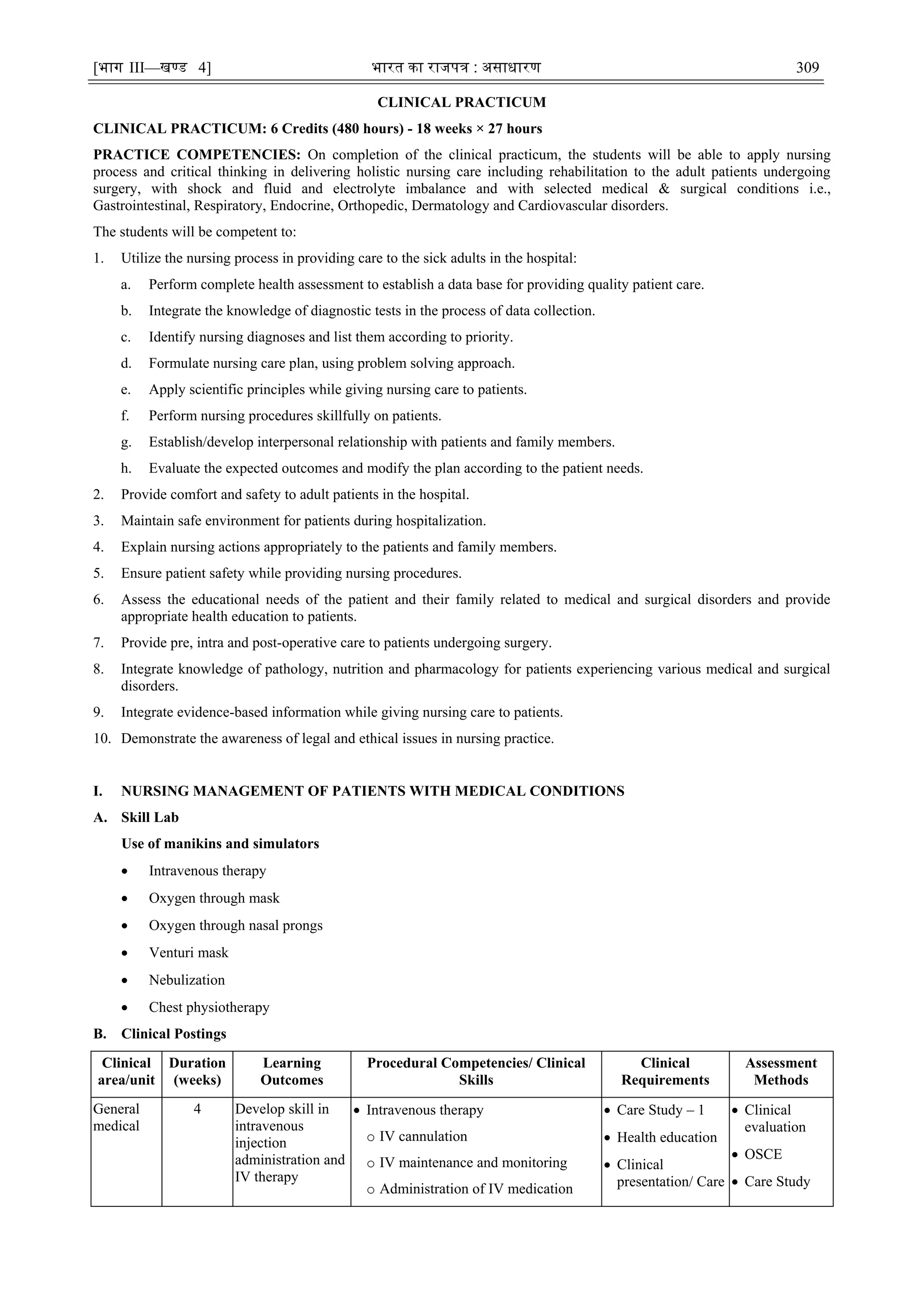 [भाग III—खण्‍
ड 4] भारत‍का‍राजपत्र‍:‍असाधारण 309
CLINICAL PRACTICUM
CLINICAL PRACTICUM: 6 Credits (480 hours) - 18 weeks × 27 hours
PRACTICE COMPETENCIES: On completion of the clinical practicum, the students will be able to apply nursing
process and critical thinking in delivering holistic nursing care including rehabilitation to the adult patients undergoing
surgery, with shock and fluid and electrolyte imbalance and with selected medical & surgical conditions i.e.,
Gastrointestinal, Respiratory, Endocrine, Orthopedic, Dermatology and Cardiovascular disorders.
The students will be competent to:
1. Utilize the nursing process in providing care to the sick adults in the hospital:
a. Perform complete health assessment to establish a data base for providing quality patient care.
b. Integrate the knowledge of diagnostic tests in the process of data collection.
c. Identify nursing diagnoses and list them according to priority.
d. Formulate nursing care plan, using problem solving approach.
e. Apply scientific principles while giving nursing care to patients.
f. Perform nursing procedures skillfully on patients.
g. Establish/develop interpersonal relationship with patients and family members.
h. Evaluate the expected outcomes and modify the plan according to the patient needs.
2. Provide comfort and safety to adult patients in the hospital.
3. Maintain safe environment for patients during hospitalization.
4. Explain nursing actions appropriately to the patients and family members.
5. Ensure patient safety while providing nursing procedures.
6. Assess the educational needs of the patient and their family related to medical and surgical disorders and provide
appropriate health education to patients.
7. Provide pre, intra and post-operative care to patients undergoing surgery.
8. Integrate knowledge of pathology, nutrition and pharmacology for patients experiencing various medical and surgical
disorders.
9. Integrate evidence-based information while giving nursing care to patients.
10. Demonstrate the awareness of legal and ethical issues in nursing practice.
I. NURSING MANAGEMENT OF PATIENTS WITH MEDICAL CONDITIONS
A. Skill Lab
Use of manikins and simulators
 Intravenous therapy
 Oxygen through mask
 Oxygen through nasal prongs
 Venturi mask
 Nebulization
 Chest physiotherapy
B. Clinical Postings
Clinical
area/unit
Duration
(weeks)
Learning
Outcomes
Procedural Competencies/ Clinical
Skills
Clinical
Requirements
Assessment
Methods
General
medical
4 Develop skill in
intravenous
injection
administration and
IV therapy
 Intravenous therapy
o IV cannulation
o IV maintenance and monitoring
o Administration of IV medication
 Care Study – 1
 Health education
 Clinical
presentation/ Care
 Clinical
evaluation
 OSCE
 Care Study
 