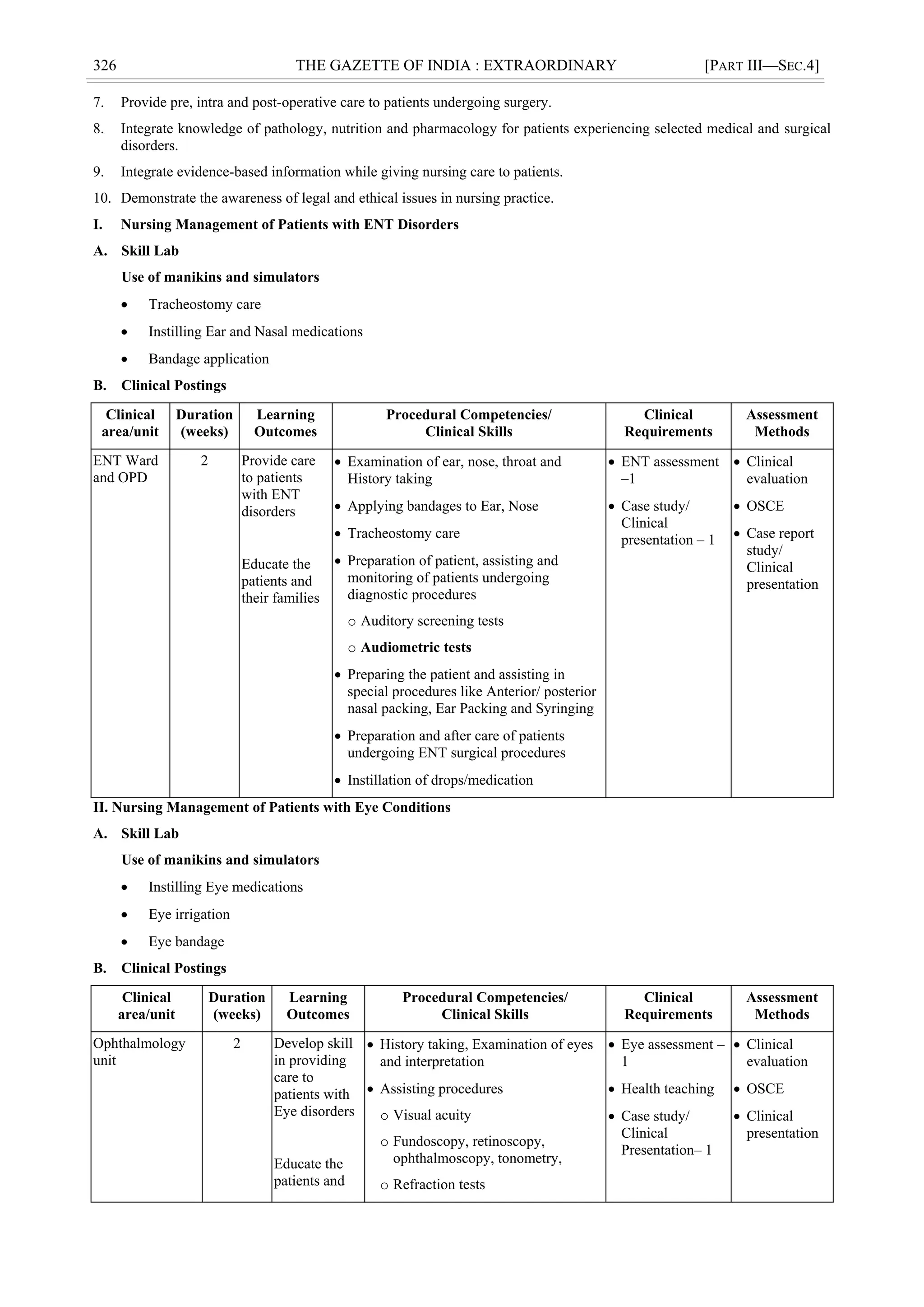 326 THE GAZETTE OF INDIA : EXTRAORDINARY [PART III—SEC.4]
7. Provide pre, intra and post-operative care to patients undergoing surgery.
8. Integrate knowledge of pathology, nutrition and pharmacology for patients experiencing selected medical and surgical
disorders.
9. Integrate evidence-based information while giving nursing care to patients.
10. Demonstrate the awareness of legal and ethical issues in nursing practice.
I. Nursing Management of Patients with ENT Disorders
A. Skill Lab
Use of manikins and simulators
 Tracheostomy care
 Instilling Ear and Nasal medications
 Bandage application
B. Clinical Postings
Clinical
area/unit
Duration
(weeks)
Learning
Outcomes
Procedural Competencies/
Clinical Skills
Clinical
Requirements
Assessment
Methods
ENT Ward
and OPD
2 Provide care
to patients
with ENT
disorders
Educate the
patients and
their families
 Examination of ear, nose, throat and
History taking
 Applying bandages to Ear, Nose
 Tracheostomy care
 Preparation of patient, assisting and
monitoring of patients undergoing
diagnostic procedures
o Auditory screening tests
o Audiometric tests
 Preparing the patient and assisting in
special procedures like Anterior/ posterior
nasal packing, Ear Packing and Syringing
 Preparation and after care of patients
undergoing ENT surgical procedures
 Instillation of drops/medication
 ENT assessment
–1
 Case study/
Clinical
presentation – 1
 Clinical
evaluation
 OSCE
 Case report
study/
Clinical
presentation
II. Nursing Management of Patients with Eye Conditions
A. Skill Lab
Use of manikins and simulators
 Instilling Eye medications
 Eye irrigation
 Eye bandage
B. Clinical Postings
Clinical
area/unit
Duration
(weeks)
Learning
Outcomes
Procedural Competencies/
Clinical Skills
Clinical
Requirements
Assessment
Methods
Ophthalmology
unit
2 Develop skill
in providing
care to
patients with
Eye disorders
Educate the
patients and
 History taking, Examination of eyes
and interpretation
 Assisting procedures
o Visual acuity
o Fundoscopy, retinoscopy,
ophthalmoscopy, tonometry,
o Refraction tests
 Eye assessment –
1
 Health teaching
 Case study/
Clinical
Presentation– 1
 Clinical
evaluation
 OSCE
 Clinical
presentation
 