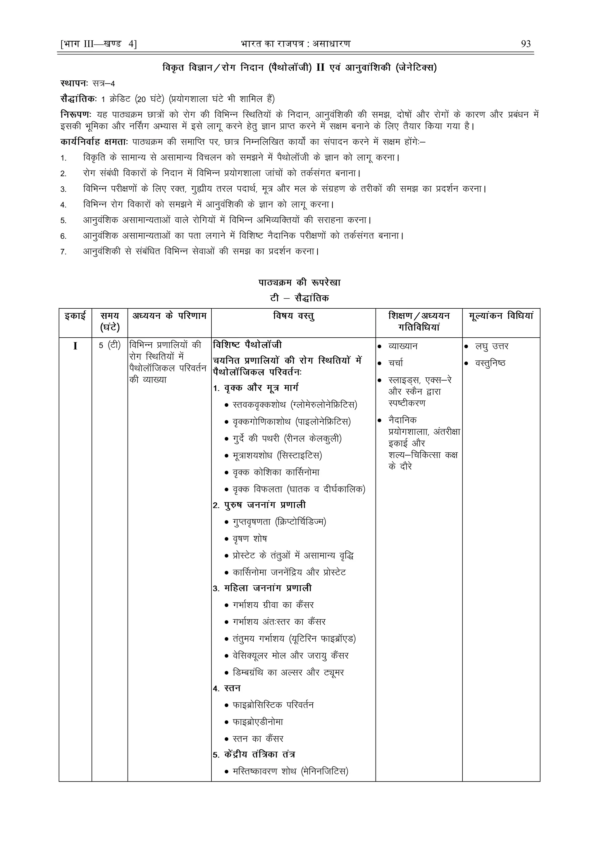 [भाग III—खण्ड 4] भारत का रािपत्र : असाधारण 93
II
l=&4
1 ØsfMV ¼20 ?kaVs½ ¼ç;ksx'kkyk ?kaVs Hkh 'kkfey gSa½
;g ikBîØe Nk=ksa dks jksx dh fofHkUu fLFkfr;ksa ds funku] vkuqoaf'kdh dh le>] nks"kksa vkSj jksxksa ds dkj.k vkSj çcaèku esa
bldh Hkwfedk vkSj uÉlx vH;kl esa bls ykxw djus gsrq Kku çkIr djus esa l{ke cukus ds fy, rS;kj fd;k x;k gSA
ikBîØe dh lekfIr ij] Nk= fuEufyf[kr dk;ks± dk laiknu djus esa l{ke gksaxs%&
1- foÑfr ds lkekU; ls vlkekU; fopyu dks le>us esa iSFkksykWth ds Kku dks ykxw djukA
2- jksx lacaèkh fodkjksa ds funku esa fofHkUu ç;ksx'kkyk tkapksa dks rdZlaxr cukukA
3- fofHkUu ijh{k.kksa ds fy, jDr] xqáh; rjy inkFkZ] ew= vkSj ey ds laxzg.k ds rjhdksa dh le> dk çn'kZu djukA
4- fofHkUu jksx fodkjksa dks le>us esa vkuqoaf'kdh ds Kku dks ykxw djukA
5- vkuqoaf'kd vlkekU;rkvksa okys jksfx;ksa esa fofHkUu vfHkO;fDr;ksa dh ljkguk djukA
6- vkuqoaf'kd vlkekU;rkvksa dk irk yxkus esa fof'k"V uSnkfud ijh{k.kksa dks rdZlaxr cukukA
7- vkuqoaf'kdh ls lacafèkr fofHkUu lsokvksa dh le> dk çn'kZu djukA
I 5 ¼Vh½ fofHkUu ç.kkfy;ksa dh
jksx fLFkfr;ksa esa
iSFkksykWftdy ifjorZu
dh O;k[;k
 Lrodo`Dd'kksFk ¼Xykses#yksusfÝfVl½
 o`Ddxksf.kdk'kksFk ¼ikbyksusfÝfVl½
 xqnsZ dh iFkjh ¼jhuy dsydqyh½
 ew=k'k;'kksèk ¼flLVkbfVl½
 o`Dd dksf'kdk dkÆluksek
 o`Dd foQyrk ¼?kkrd o nh?kZdkfyd½
 xqIro`"k.krk ¼fØIVksfpZfMTe½
 o`"k.k 'kks"k
 çksLVsV ds rarqvksa esa vlkekU; o`f)
 dkÆluksek tuusafæ; vkSj çksLVsV
 xHkkZ'k; xzhok dk dSalj
 xHkkZ'k; var%Lrj dk dSalj
 rarqe; xHkkZ'k; ¼;wfVfju Qkbcz,M½
 osflD;wyj eksy vkSj tjk;q dSalj
 fMEcxzafFk dk vYlj vkSj Vîwej
 QkbczksflfLVd ifjorZu
 Qkbczks,Mhuksek
 Lru dk dSalj
 efLr"dkoj.k 'kksFk ¼esfuuftfVl½
 O;k[;ku
 ppkZ
 LykbM~l] ,Dl&js
vkSj LdSu }kjk
Li"Vhdj.k
 uSnkfud
ç;ksx'kkykk] varjh{kk
bdkbZ vkSj
'kY;&fpfdRlk d{k
ds nkSjs
 y?kq mÙkj
 oLrqfu"B
 