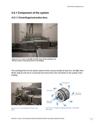 ARC 2423 Building Services
PROJECT 2: CASE STUDY ANALYSISAND DOCUMENTATION OF BUILDING SERVICES SYSTEM
33
4.5.1 Component of the system
4.5.1.1 Centrifugalextraction fans
The centrifugal fans for the extract system for this campus located at level four, the M&E floor.
All the stale air and hot air is removed and sent to this room and extract to the outside of the
building.
Figure 4.5.1.1.1 A room at the M&E level that house all the contrifugal fans
with the function of extracting stale air in the building.
Figure 4.5.1.1.2 A centrifugal fan found in the
room.
Figure 4.5.1.1.3 Diagram showing how does a centrifugal
fans works.
 