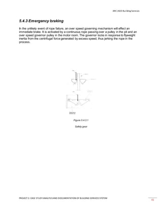 ARC 2423 Building Services
PROJECT 2: CASE STUDY ANALYSISAND DOCUMENTATION OF BUILDING SERVICES SYSTEM
41
5.4.3 Emergency braking
In the unlikely event of rope failure, an over speed governing mechanism will effect an
immediate brake. It is activated by a continuous rope passing over a pulley in the pit and an
over speed governor pulley in the motor room. The governor locks in response to flyweight
inertia from the centrifugal force generated by excess speed, thus jerking the rope in the
process.
Figure 5.4.3.1
Safety gear
 