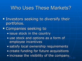 Investors seeking to diversify their portfolios. Companies seeking to issue stock in the country use stock and options as a form of employee incentives satisfy local ownership requirements create funding for future acquisitions increase the visibility of the company. Who Uses These Markets? 11-21 