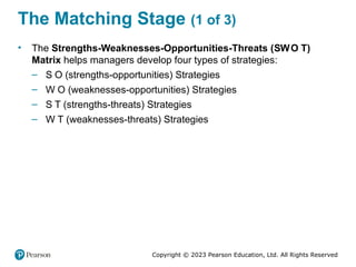 Copyright © 2023 Pearson Education, Ltd. All Rights Reserved
The Matching Stage (1 of 3)
• The Strengths-Weaknesses-Opportunities-Threats (SWO T)
Matrix helps managers develop four types of strategies:
– S O (strengths-opportunities) Strategies
– W O (weaknesses-opportunities) Strategies
– S T (strengths-threats) Strategies
– W T (weaknesses-threats) Strategies
 