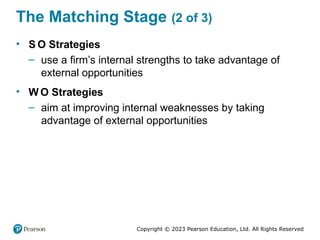Copyright © 2023 Pearson Education, Ltd. All Rights Reserved
The Matching Stage (2 of 3)
• S O Strategies
– use a firm’s internal strengths to take advantage of
external opportunities
• W O Strategies
– aim at improving internal weaknesses by taking
advantage of external opportunities
 