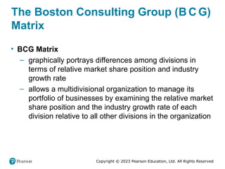 Copyright © 2023 Pearson Education, Ltd. All Rights Reserved
The Boston Consulting Group (B C G)
Matrix
• BCG Matrix
– graphically portrays differences among divisions in
terms of relative market share position and industry
growth rate
– allows a multidivisional organization to manage its
portfolio of businesses by examining the relative market
share position and the industry growth rate of each
division relative to all other divisions in the organization
 