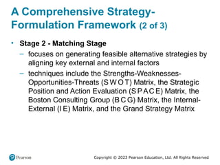 Copyright © 2023 Pearson Education, Ltd. All Rights Reserved
A Comprehensive Strategy-
Formulation Framework (2 of 3)
• Stage 2 - Matching Stage
– focuses on generating feasible alternative strategies by
aligning key external and internal factors
– techniques include the Strengths-Weaknesses-
Opportunities-Threats (S W O T) Matrix, the Strategic
Position and Action Evaluation (S PAC E) Matrix, the
Boston Consulting Group (B C G) Matrix, the Internal-
External (I E) Matrix, and the Grand Strategy Matrix
 