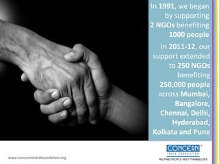 In 1991, we began
                                      by supporting
                                 2 NGOs benefiting
                                       1000 people
                                    In 2011-12, our
                                 support extended
                                       to 250 NGOs
                                          benefiting
                                   250,000 people
                                   across Mumbai,
                                         Bangalore,
                                    Chennai, Delhi,
                                        Hyderabad,
                                 Kolkata and Pune


www.concernindiafoundation.org
 