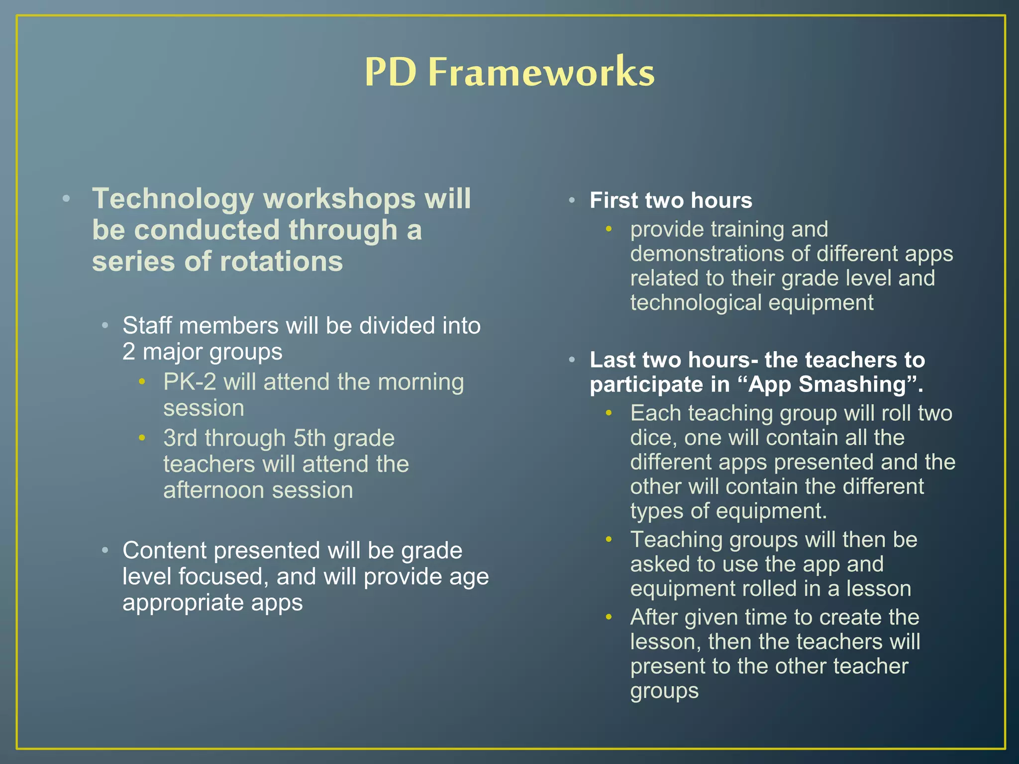PD Frameworks
• Technology workshops will
be conducted through a
series of rotations
• Staff members will be divided into
2 major groups
• PK-2 will attend the morning
session
• 3rd through 5th grade
teachers will attend the
afternoon session
• Content presented will be grade
level focused, and will provide age
appropriate apps
• First two hours
• provide training and
demonstrations of different apps
related to their grade level and
technological equipment
• Last two hours- the teachers to
participate in “App Smashing”.
• Each teaching group will roll two
dice, one will contain all the
different apps presented and the
other will contain the different
types of equipment.
• Teaching groups will then be
asked to use the app and
equipment rolled in a lesson
• After given time to create the
lesson, then the teachers will
present to the other teacher
groups
 