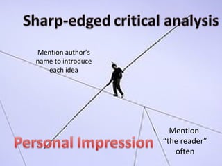 Mention author’s name to introduce each idea Mention  “ the reader” often 