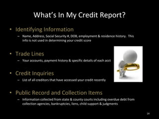 What’s In My Credit Report? Identifying Information Name, Address, Social Security #, DOB, employment & residence history.  This info is not used in determining your credit score Trade Lines Your accounts, payment history & specific details of each acct Credit Inquiries List of all creditors that have accessed your credit recently Public Record and Collection Items Information collected from state & county courts including overdue debt from collection agencies, bankruptcies, liens, child support & judgments 