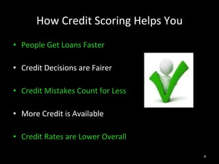 How Credit Scoring Helps You People Get Loans Faster Credit Decisions are Fairer Credit Mistakes Count for Less More Credit is Available Credit Rates are Lower Overall 