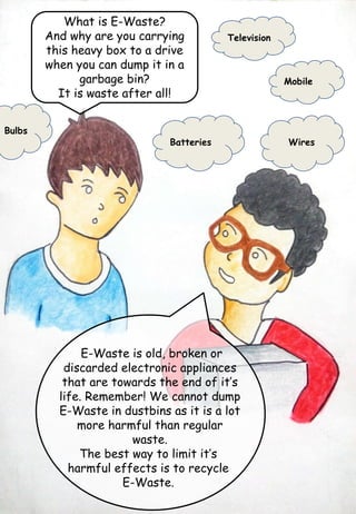 What is E-Waste?
And why are you carrying
this heavy box to a drive
when you can dump it in a
garbage bin?
It is waste after all!
E-Waste is old, broken or
discarded electronic appliances
that are towards the end of it’s
life. Remember! We cannot dump
E-Waste in dustbins as it is a lot
more harmful than regular
waste.
The best way to limit it’s
harmful effects is to recycle
E-Waste.
Television
Mobile
Batteries Wires
Bulbs
 