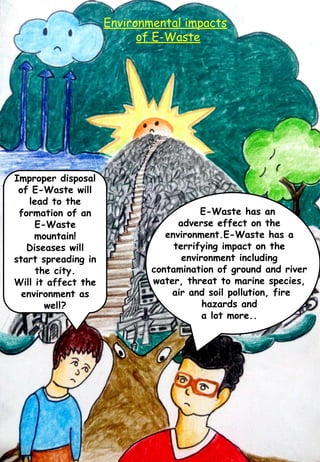 Improper disposal
of E-Waste will
lead to the
formation of an
E-Waste
mountain!
Diseases will
start spreading in
the city.
Will it affect the
environment as
well?
Environmental impacts
of E-Waste
E-Waste has an
adverse effect on the
environment.E-Waste has a
terrifying impact on the
environment including
contamination of ground and river
water, threat to marine species,
air and soil pollution, fire
hazards and
a lot more..
 