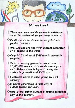 Did you know?
There are more mobile phones in existence
than the number of people living on earth.
Plastics in E-Waste can be recycled into
garden furniture.
We, Indians are the fifth biggest generator
of E-Waste in the world.
Only 12.5% of total E-Waste is currently
recycled.
India currently generates more than
10,00,000 tonnes of E-Waste every year
and Maharashtra is highest among the
states in generation of E-Waste.
Electronic waste in India grows by 10%
annually.
Pune is the eighth highest E-Waste producing
city in the country.
E-waste generation in Pune city is
10000 tonnes per year.
 