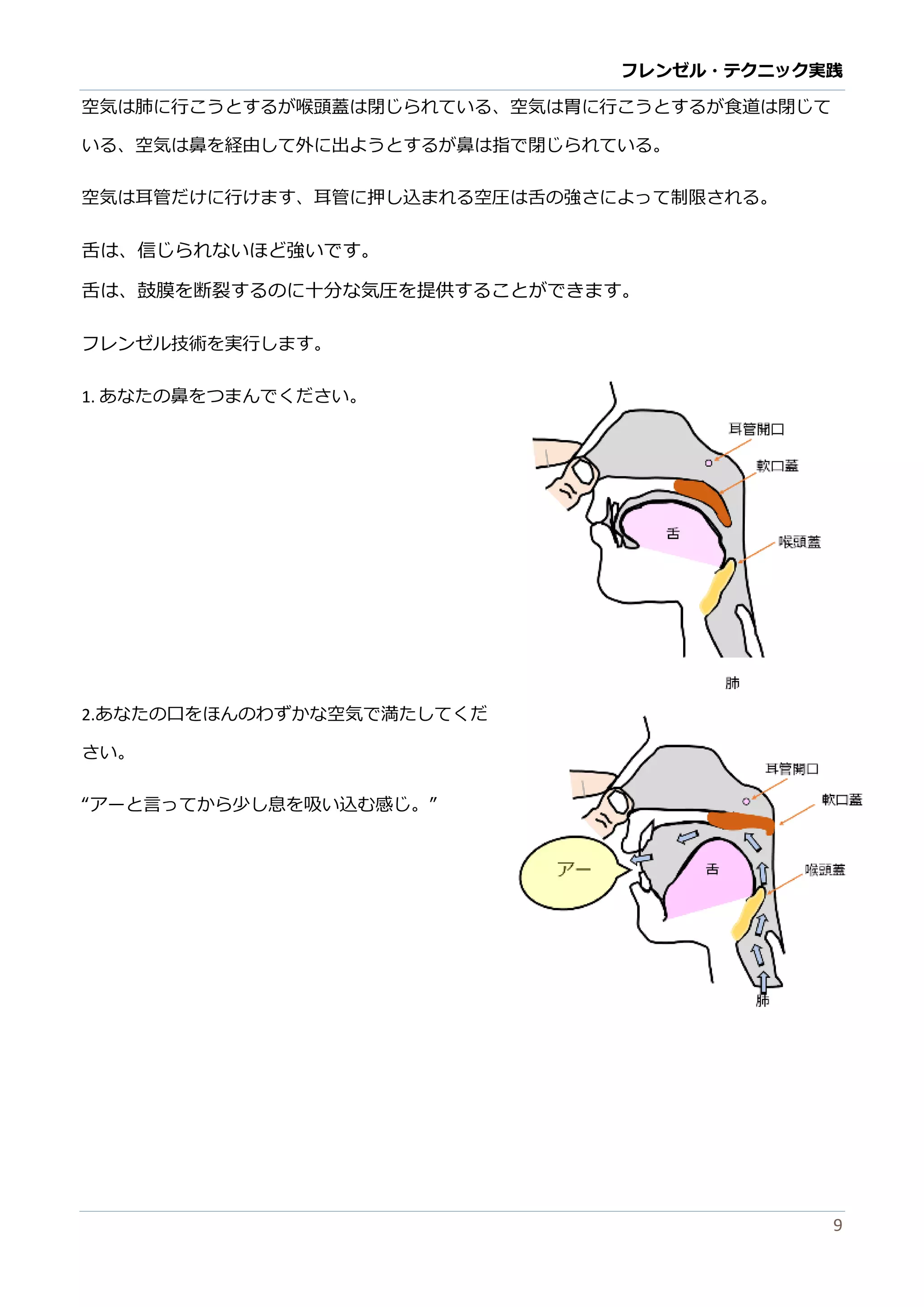 フレンゼル・テクニック実践 
9 
押しつぶされます。すると空気は何処かに行なければらい。 
空気は肺に行こうとするが喉頭蓋閉じられてい、空気は胃に行こうとするが食道閉じて いる、空気は鼻を経由して外に出ようとするが指で閉じられている。 
空気は耳管だけに行けます、耳管に押し込まれる空圧は舌の強さよって制限。 
舌は、信じられないほど強いです。 舌は、鼓膜を断裂するのに十分な気圧を提供することができます。 
フレンゼル技術を実行します。 
1. あなたの鼻をつまんでください。 
2.あなたの口をほんわずか空気で満してくだ さい。 
“アーと言ってから少し息を吸い込む感じ。” 
 