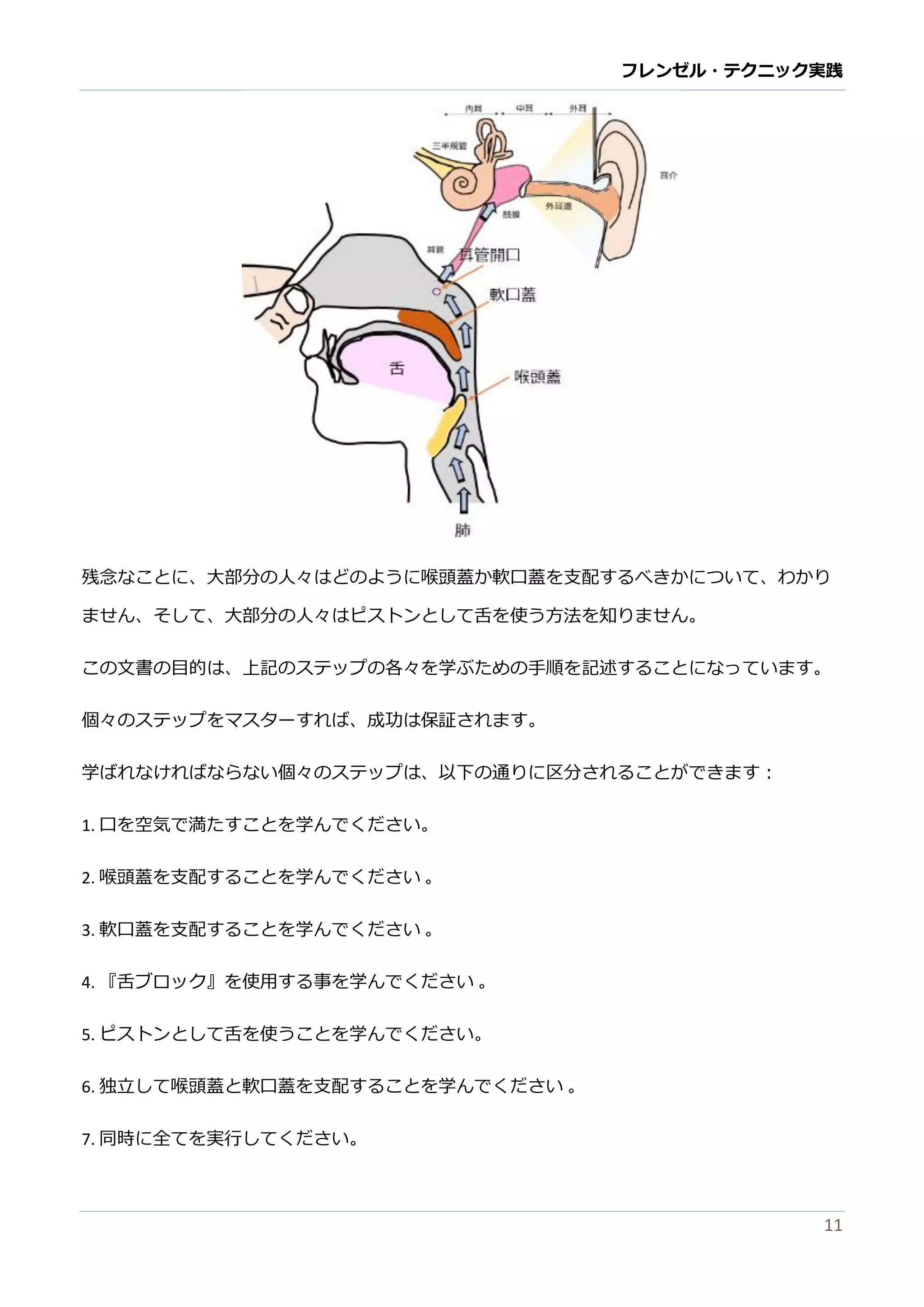 フレンゼル・テクニック実践 
11 
残念なことに、大部分の人々はどよう喉頭蓋か軟口を支配するべきついてわり ません、そして大部分の人々はピストンと舌を使う方法知り。 
この文書目的は、上記ステップ各々を学ぶため手順を記述することになっていま。 
個々のステップをマターすれば、成功は保証さま。 
学ばれなけらい個々のステップは、以下通りに区分されることができます： 
1. 口を空気で満たすこと学んください。 
2. 喉頭蓋を支配すること学んでください 。 
3. 軟口蓋を支配すること学んでください 。 
4. 『舌ブロック』を使用する事を学んでください 。 
5. ピストンとして舌を使うこ学んでください。 
6. 独立して喉頭蓋と軟口を支配することを学んでください 。 
7. 同時に全てを実行しください。 
8. 水の中でそれをテストしてください 。 
9. 先進のバリエーションを学んでください。 
ステップ1：口を空気で満たすこと学んください 
風船のようにあなた頬を満たしてください、 
そして、２３秒の間空気を保持ください。 
それから、あなたの頬を使って肺に空気押し戻ください。 
あなたが自由自在にそれをすることができま、数回繰り返してください。 
『完全に頬一杯』をするために、完全に膨れるまで、あなたの頬を満してください。  