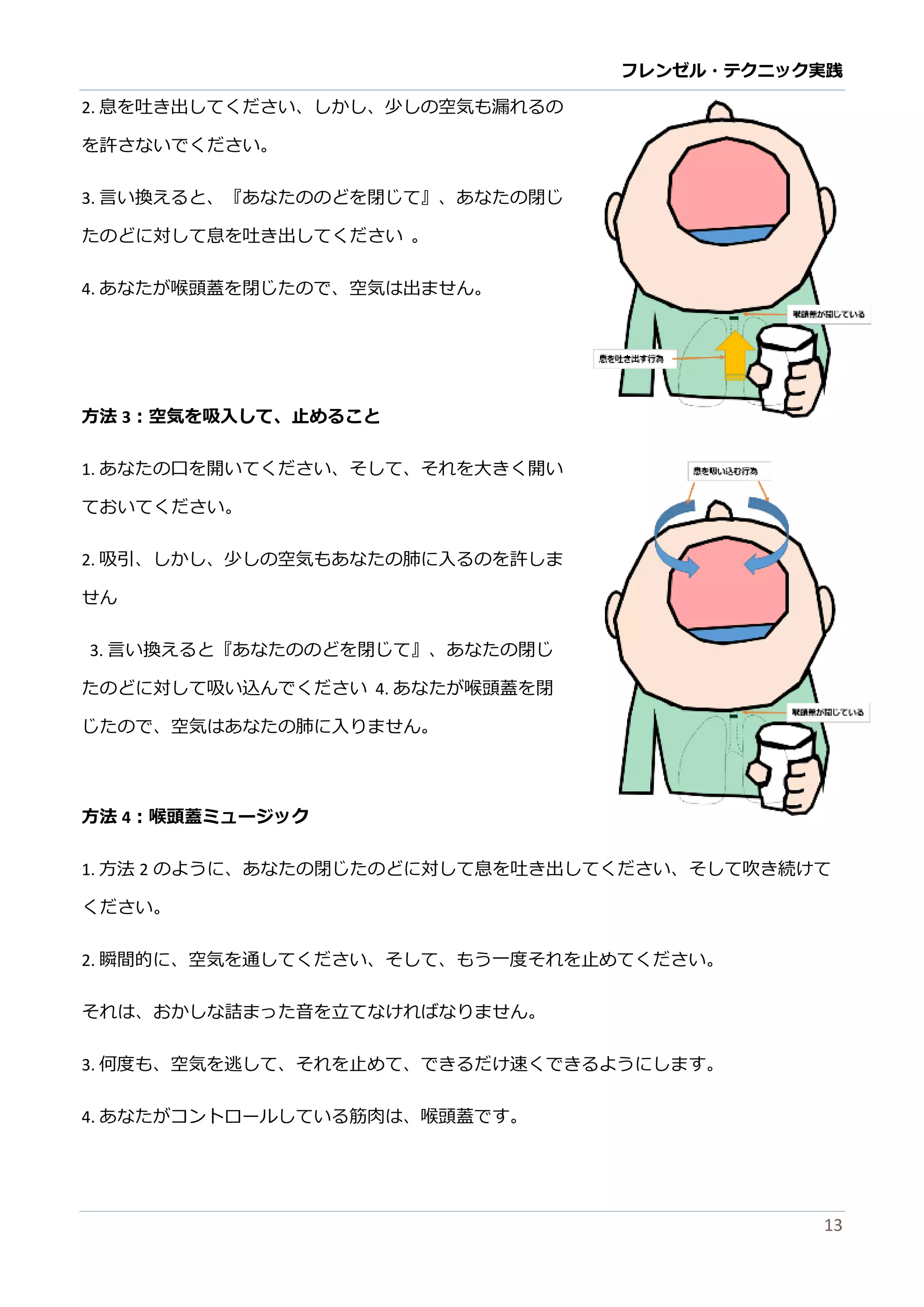 フレンゼル・テクニック実践 
13 
1. あなたの口を開いてくださ、そしれ大きておいくださ。 
2. 吸引、しか少の空気もあなた肺に入るを許ま せん 
3. 言い換えると『あなたのどを閉じて』、たのどに対して吸い 込んでくださ4. あなたが喉頭蓋を閉 じたので、空気はあな肺に入りません。 
方法4：喉頭蓋ミュージック 
1. 方法2のように、あなた閉じど対して息を吐き出くださいそ吹続けください。 
2. 瞬間的に、空気を通してくださいそもう一度れ止め。 
それは、おかしな詰まった音を立てなければりません。 
3. 何度も、空気を逃して、それ止めできるだけ速くようにます。 
4. あなたがコントロールしている筋肉は、喉頭蓋です。 
方法5：喉頭蓋ミュージック （吸うとき） 
方法4のように、しか吸い込んで空気を止めてそれ通らせに通らせてください。 
あなたが喉頭蓋に熟達するまで、方法4と 5を練習し続けてください。 
ステップ3：軟口蓋を支配すること学んでください  