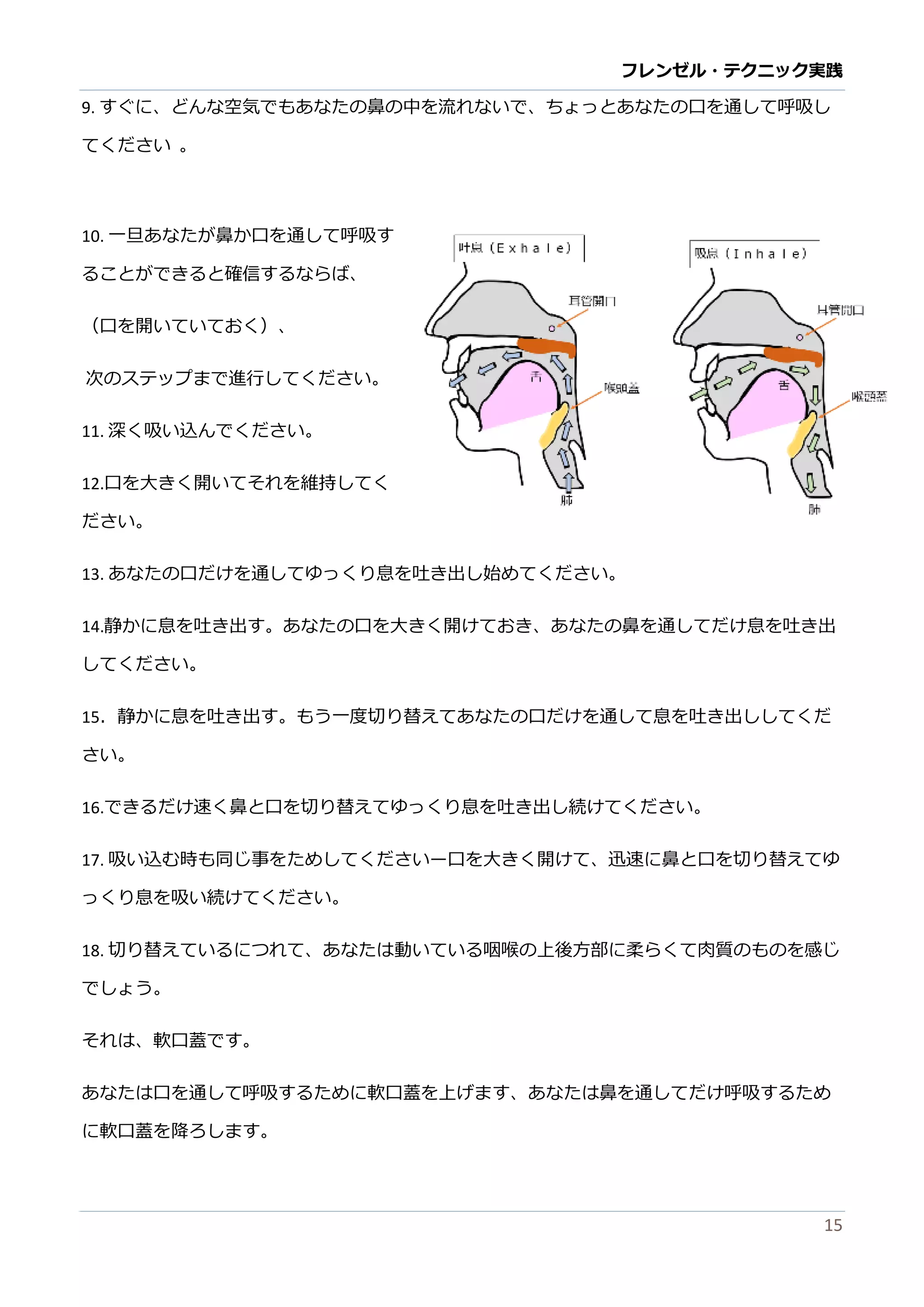フレンゼル・テクニック実践 
15 
10. 一旦あなたが鼻か口を通して呼吸す ることができ確信すならば、 
（口を開いておく）、 
次のステップまで進行してください。 
11. 深く吸い込んでださ。 
12.口を大きく開いてそれ維持しださい。 
13. あなたの口だけを通してゆっくり息吐き出始めさい。 
14.静かに息を吐き出す。あなたの口を大きく開けてお、鼻通しだ息吐出 してください。 
15．静かに息を吐き出す。もう一度切り替えてあなたの口だけ通しくさい。 
16.できるだけ速く鼻と口を切り替えてゆっくり息を吐き出し続けてださい。 
17. 吸い込む時も同じ事をためしてくださいー口を大きく開けて、迅速に鼻と切り替えゆ っくり息を吸い続けてください。 
18. 切り替えているにつれ、あなたは動咽喉の上後方部に柔らくて肉質もを感じ でしょう。 
それは、軟口蓋です。 
あなたは口を通して呼吸するめに軟蓋上げま、鼻だけに軟口蓋を降ろします。 
19. あなたが自由に軟口蓋を『上げる』、降ろすことできま記のエクサイズ繰り返し続けてください。 
20. あなたが口と鼻を通して息吐き出す 、軟蓋は中間位置にりま 