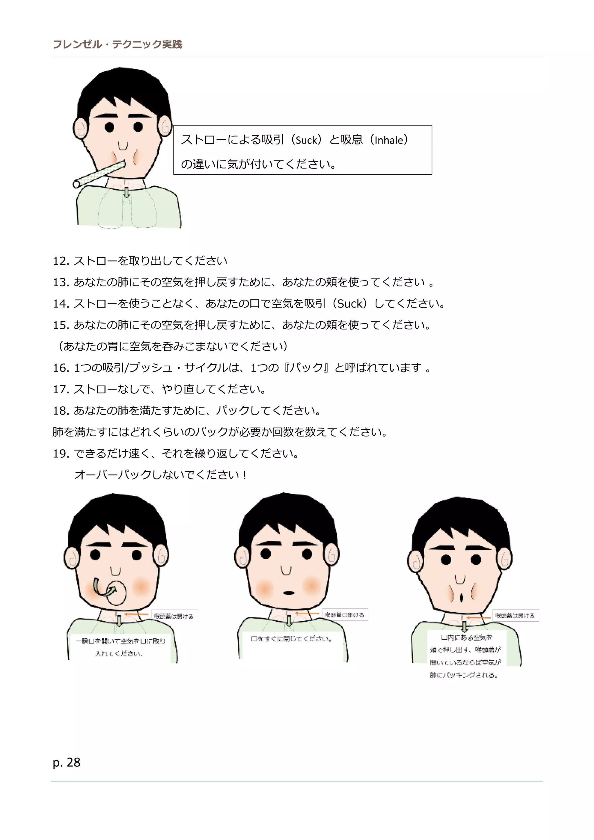 フレンゼル・テクニック実践 
28 
12. ストローを取り出してください 
13. あなたの肺にそ空気を押し戻すめ、頬使ってください 。 
14. ストローを使うことなく、あたの口で空気吸引（Suck）してください。 
15. あなたの肺にその空気を押し戻すため、あな頬使ってください。 
（あなたの胃に空気を呑みこまいでくださ） 
16. 1つの吸引/プッシュ・サイクルは、1つの『パック』と呼ばれています 。 
17. ストローなしで、やり直てください。 
18. あなたの肺を満すめに、パックしてください。 
肺を満たすにはどれくらいのパックが必要か回数を数えてください。 
19. できるだけ速く、それを繰り返してください。 
オーバパックしないでくださ！ 
ストローによる吸引（Suck）と吸息（Inhale） の違いに気が付いてくださ。 
