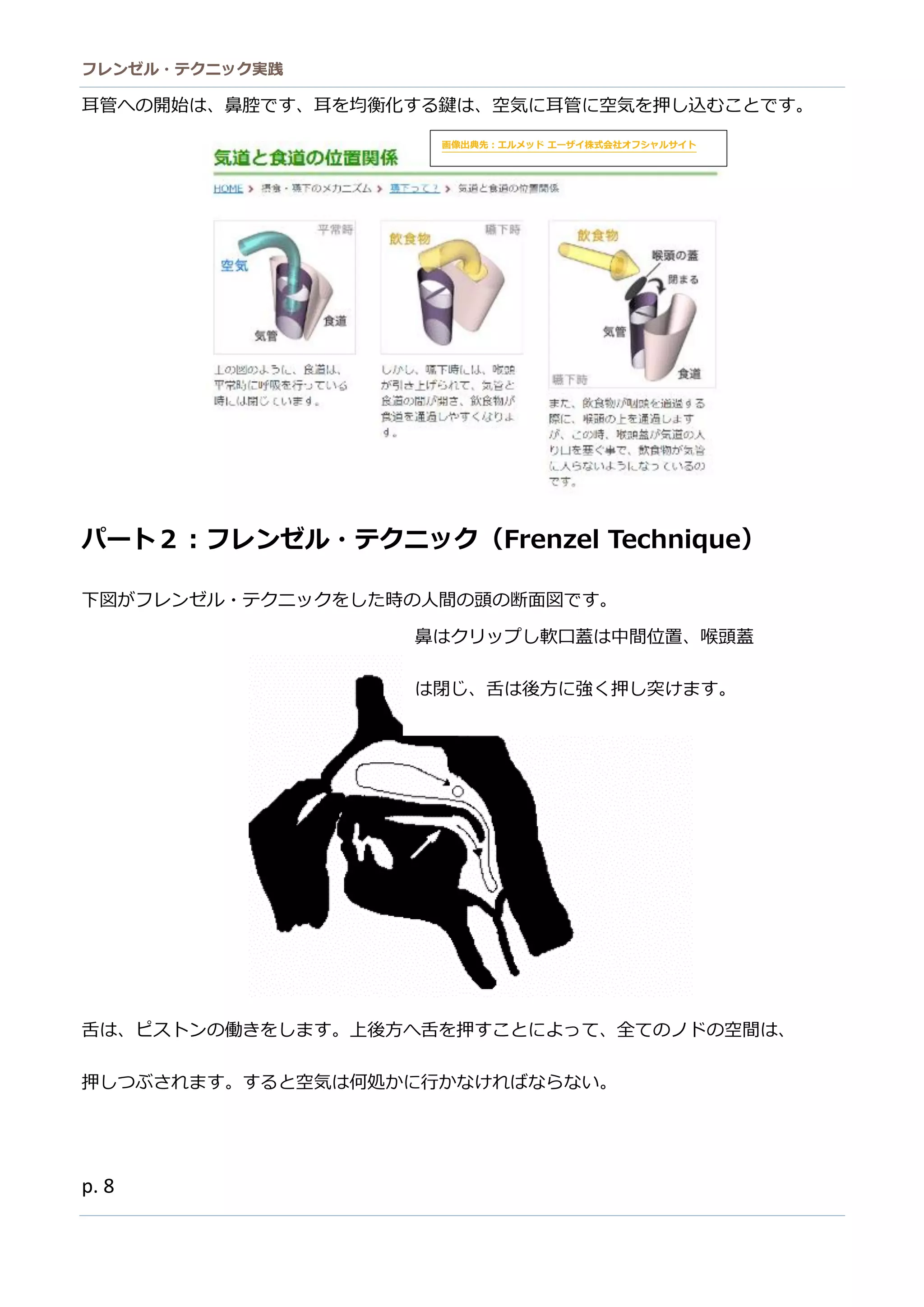 フレンゼル・テクニック実践 
8 
パート２：フレンゼル・テクニッ（Frenzel Technique） 
下図がフレンゼル・テクニッをした時の人間頭断面図です。 
舌は、ピストンの働きをします。上後方へ押ことによって全ノドの空間は、 
鼻はクリップし軟口蓋は中間位置、喉頭蓋 
は閉じ、舌は後方に強く押し突けます。 
圧縮された空気は耳管に押し込まれす。  