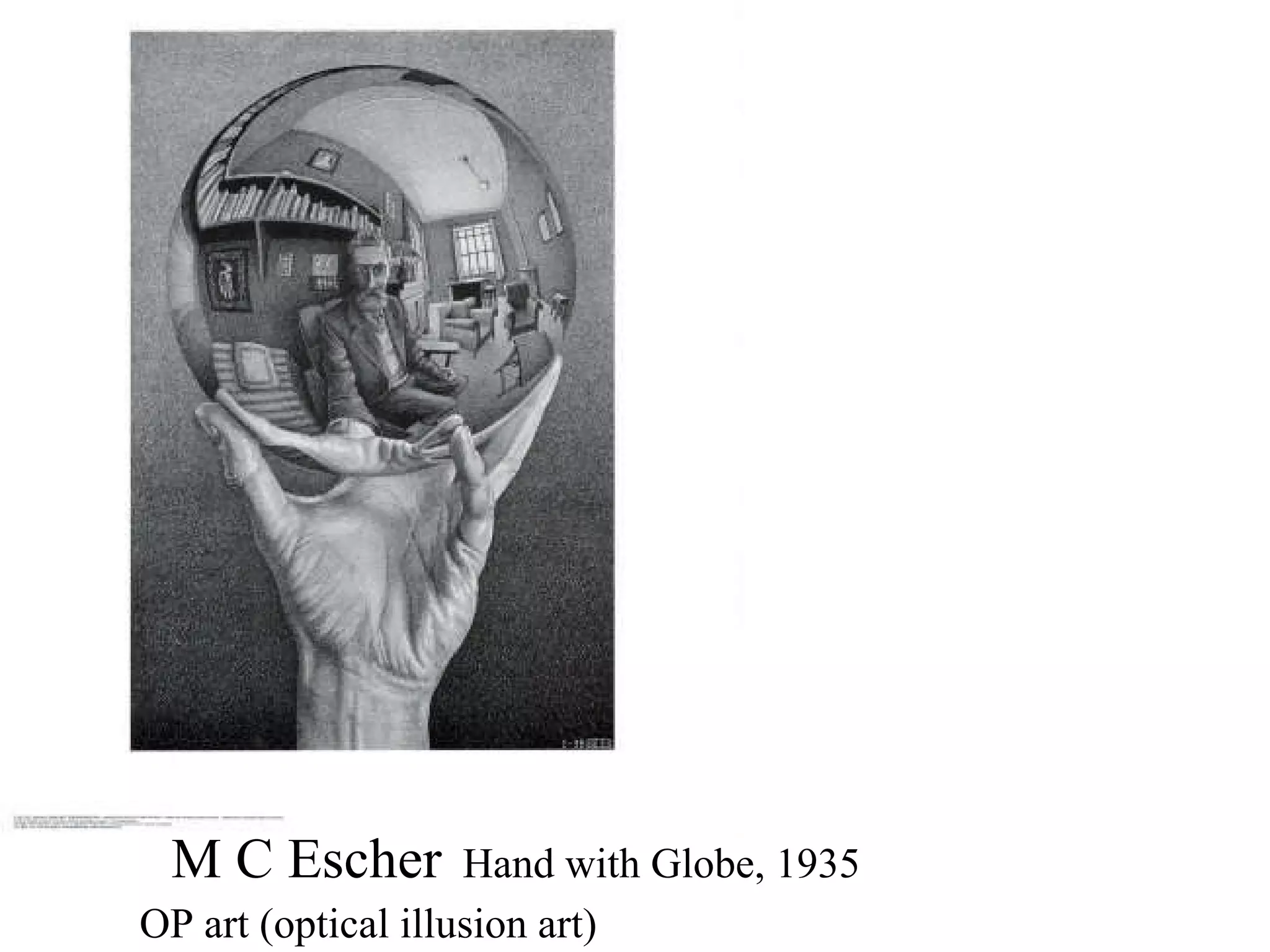 M C Escher   Hand with Globe, 1935 OP art (optical illusion art)  
