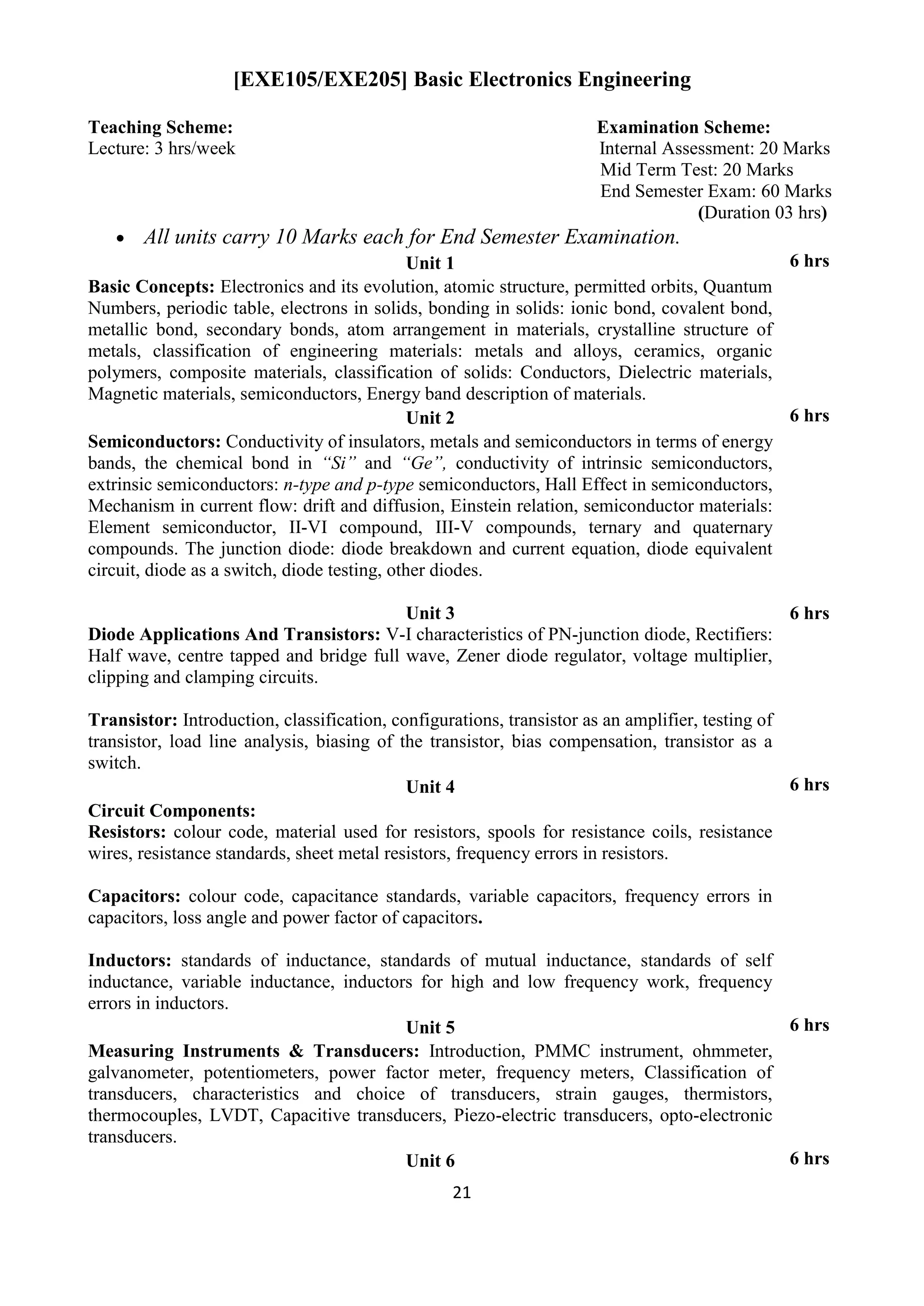 21
[EXE105/EXE205] Basic Electronics Engineering
Teaching Scheme: Examination Scheme:
Lecture: 3 hrs/week Internal Assessment: 20 Marks
Mid Term Test: 20 Marks
End Semester Exam: 60 Marks
(Duration 03 hrs)
 All units carry 10 Marks each for End Semester Examination.
Unit 1 6 hrs
Basic Concepts: Electronics and its evolution, atomic structure, permitted orbits, Quantum
Numbers, periodic table, electrons in solids, bonding in solids: ionic bond, covalent bond,
metallic bond, secondary bonds, atom arrangement in materials, crystalline structure of
metals, classification of engineering materials: metals and alloys, ceramics, organic
polymers, composite materials, classification of solids: Conductors, Dielectric materials,
Magnetic materials, semiconductors, Energy band description of materials.
Unit 2 6 hrs
Semiconductors: Conductivity of insulators, metals and semiconductors in terms of energy
bands, the chemical bond in “Si” and “Ge”, conductivity of intrinsic semiconductors,
extrinsic semiconductors: n-type and p-type semiconductors, Hall Effect in semiconductors,
Mechanism in current flow: drift and diffusion, Einstein relation, semiconductor materials:
Element semiconductor, II-VI compound, III-V compounds, ternary and quaternary
compounds. The junction diode: diode breakdown and current equation, diode equivalent
circuit, diode as a switch, diode testing, other diodes.
Unit 3 6 hrs
Diode Applications And Transistors: V-I characteristics of PN-junction diode, Rectifiers:
Half wave, centre tapped and bridge full wave, Zener diode regulator, voltage multiplier,
clipping and clamping circuits.
Transistor: Introduction, classification, configurations, transistor as an amplifier, testing of
transistor, load line analysis, biasing of the transistor, bias compensation, transistor as a
switch.
Unit 4 6 hrs
Circuit Components:
Resistors: colour code, material used for resistors, spools for resistance coils, resistance
wires, resistance standards, sheet metal resistors, frequency errors in resistors.
Capacitors: colour code, capacitance standards, variable capacitors, frequency errors in
capacitors, loss angle and power factor of capacitors.
Inductors: standards of inductance, standards of mutual inductance, standards of self
inductance, variable inductance, inductors for high and low frequency work, frequency
errors in inductors.
Unit 5 6 hrs
Measuring Instruments & Transducers: Introduction, PMMC instrument, ohmmeter,
galvanometer, potentiometers, power factor meter, frequency meters, Classification of
transducers, characteristics and choice of transducers, strain gauges, thermistors,
thermocouples, LVDT, Capacitive transducers, Piezo-electric transducers, opto-electronic
transducers.
Unit 6 6 hrs
 