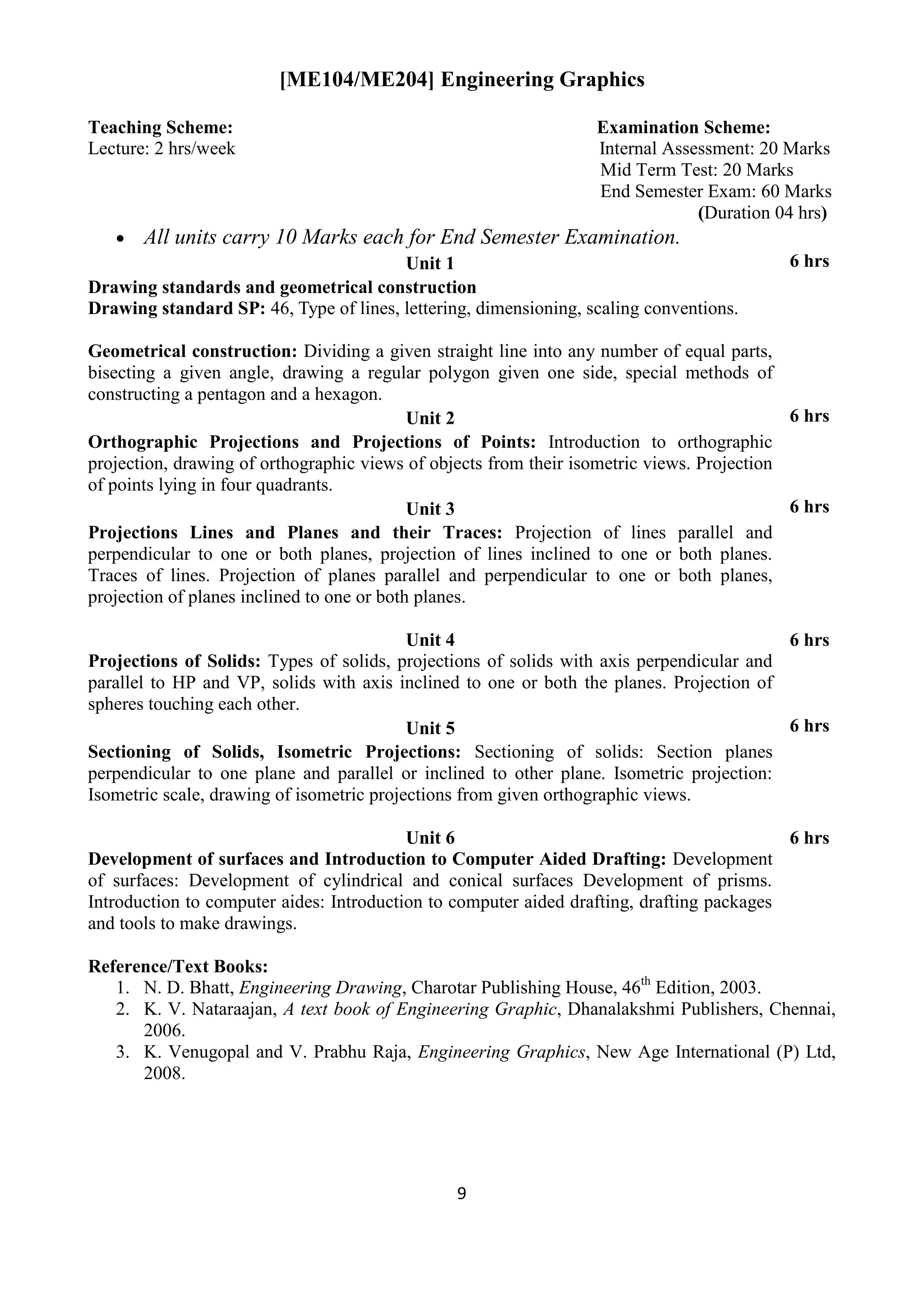 9
[ME104/ME204] Engineering Graphics
Teaching Scheme: Examination Scheme:
Lecture: 2 hrs/week Internal Assessment: 20 Marks
Mid Term Test: 20 Marks
End Semester Exam: 60 Marks
(Duration 04 hrs)
 All units carry 10 Marks each for End Semester Examination.
Unit 1 6 hrs
Drawing standards and geometrical construction
Drawing standard SP: 46, Type of lines, lettering, dimensioning, scaling conventions.
Geometrical construction: Dividing a given straight line into any number of equal parts,
bisecting a given angle, drawing a regular polygon given one side, special methods of
constructing a pentagon and a hexagon.
Unit 2 6 hrs
Orthographic Projections and Projections of Points: Introduction to orthographic
projection, drawing of orthographic views of objects from their isometric views. Projection
of points lying in four quadrants.
Unit 3 6 hrs
Projections Lines and Planes and their Traces: Projection of lines parallel and
perpendicular to one or both planes, projection of lines inclined to one or both planes.
Traces of lines. Projection of planes parallel and perpendicular to one or both planes,
projection of planes inclined to one or both planes.
Unit 4 6 hrs
Projections of Solids: Types of solids, projections of solids with axis perpendicular and
parallel to HP and VP, solids with axis inclined to one or both the planes. Projection of
spheres touching each other.
Unit 5 6 hrs
Sectioning of Solids, Isometric Projections: Sectioning of solids: Section planes
perpendicular to one plane and parallel or inclined to other plane. Isometric projection:
Isometric scale, drawing of isometric projections from given orthographic views.
Unit 6 6 hrs
Development of surfaces and Introduction to Computer Aided Drafting: Development
of surfaces: Development of cylindrical and conical surfaces Development of prisms.
Introduction to computer aides: Introduction to computer aided drafting, drafting packages
and tools to make drawings.
Reference/Text Books:
1. N. D. Bhatt, Engineering Drawing, Charotar Publishing House, 46th
Edition, 2003.
2. K. V. Nataraajan, A text book of Engineering Graphic, Dhanalakshmi Publishers, Chennai,
2006.
3. K. Venugopal and V. Prabhu Raja, Engineering Graphics, New Age International (P) Ltd,
2008.
 