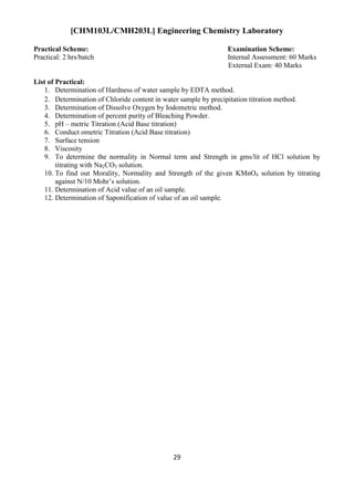 29
[CHM103L/CMH203L] Engineering Chemistry Laboratory
Practical Scheme: Examination Scheme:
Practical: 2 hrs/batch Internal Assessment: 60 Marks
External Exam: 40 Marks
List of Practical:
1. Determination of Hardness of water sample by EDTA method.
2. Determination of Chloride content in water sample by precipitation titration method.
3. Determination of Dissolve Oxygen by Iodometric method.
4. Determination of percent purity of Bleaching Powder.
5. pH – metric Titration (Acid Base titration)
6. Conduct ometric Titration (Acid Base titration)
7. Surface tension
8. Viscosity
9. To determine the normality in Normal term and Strength in gms/lit of HCl solution by
titrating with Na2CO3 solution.
10. To find out Morality, Normality and Strength of the given KMnO4 solution by titrating
against N/10 Mohr‟s solution.
11. Determination of Acid value of an oil sample.
12. Determination of Saponification of value of an oil sample.
 