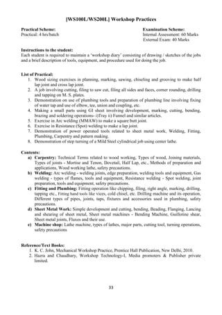 33
[WS100L/WS200L] Workshop Practices
Practical Scheme: Examination Scheme:
Practical: 4 hrs/batch Internal Assessment: 60 Marks
External Exam: 40 Marks
Instructions to the student:
Each student is required to maintain a „workshop diary‟ consisting of drawing / sketches of the jobs
and a brief description of tools, equipment, and procedure used for doing the job.
List of Practical:
1. Wood sizing exercises in planning, marking, sawing, chiseling and grooving to make half
lap joint and cross lap joint.
2. A job involving cutting, filing to saw cut, filing all sides and faces, corner rounding, drilling
and tapping on M. S. plates.
3. Demonstration on use of plumbing tools and preparation of plumbing line involving fixing
of water tap and use of elbow, tee, union and coupling, etc.
4. Making a small parts using GI sheet involving development, marking, cutting, bending,
brazing and soldering operations- i)Tray ii) Funnel and similar articles.
5. Exercise in Arc welding (MMAW) to make a square butt joint.
6. Exercise in Resistance (Spot) welding to make a lap joint.
7. Demonstration of power operated tools related to sheet metal work, Welding, Fitting,
Plumbing, Carpentry and pattern making.
8. Demonstration of step turning of a Mild Steel cylindrical job using center lathe.
Contents:
a) Carpentry: Technical Terms related to wood working, Types of wood, Joining materials,
Types of joints - Mortise and Tenon, Dovetail, Half Lap, etc., Methods of preparation and
applications, Wood working lathe, safety precautions.
b) Welding: Arc welding - welding joints, edge preparation, welding tools and equipment, Gas
welding - types of flames, tools and equipment, Resistance welding - Spot welding, joint
preparation, tools and equipment, safety precautions.
c) Fitting and Plumbing: Fitting operation like chipping, filing, right angle, marking, drilling,
tapping etc., Fitting hand tools like vices, cold chisel, etc. Drilling machine and its operation,
Different types of pipes, joints, taps, fixtures and accessories used in plumbing, safety
precautions.
d) Sheet Metal Work: Simple development and cutting, bending, Beading, Flanging, Lancing
and shearing of sheet metal, Sheet metal machines - Bending Machine, Guillotine shear,
Sheet metal joints, Fluxes and their use.
e) Machine shop: Lathe machine, types of lathes, major parts, cutting tool, turning operations,
safety precautions
Reference/Text Books:
1. K. C. John, Mechanical Workshop Practice, Prentice Hall Publication, New Delhi, 2010.
2. Hazra and Chaudhary, Workshop Technology-I, Media promoters & Publisher private
limited.
 