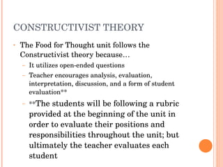 CONSTRUCTIVIST THEORY The Food for Thought unit follows the Constructivist theory because… It utilizes open-ended questions Teacher encourages analysis, evaluation, interpretation, discussion, and a form of student evaluation** ** The students will be following a rubric provided at the beginning of the unit in order to evaluate their positions and responsibilities throughout the unit; but ultimately the teacher evaluates each student 